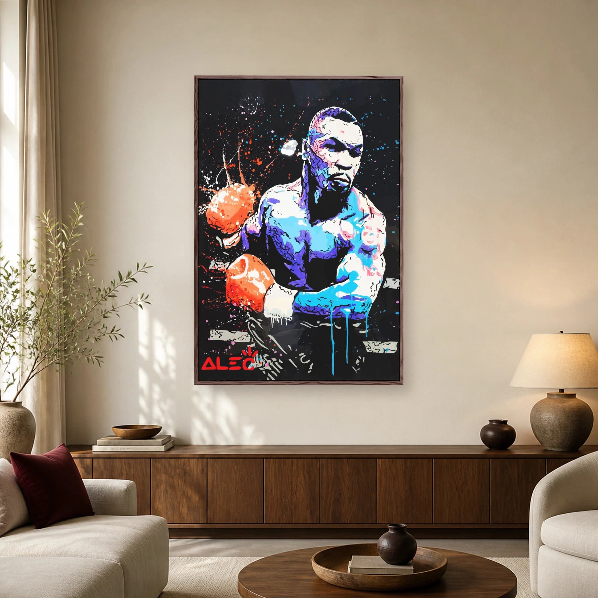 Stylized pop art portrait of boxer Mike Tyson with vibrant orange gloves, blue paint drips, and splatters on a dark background.