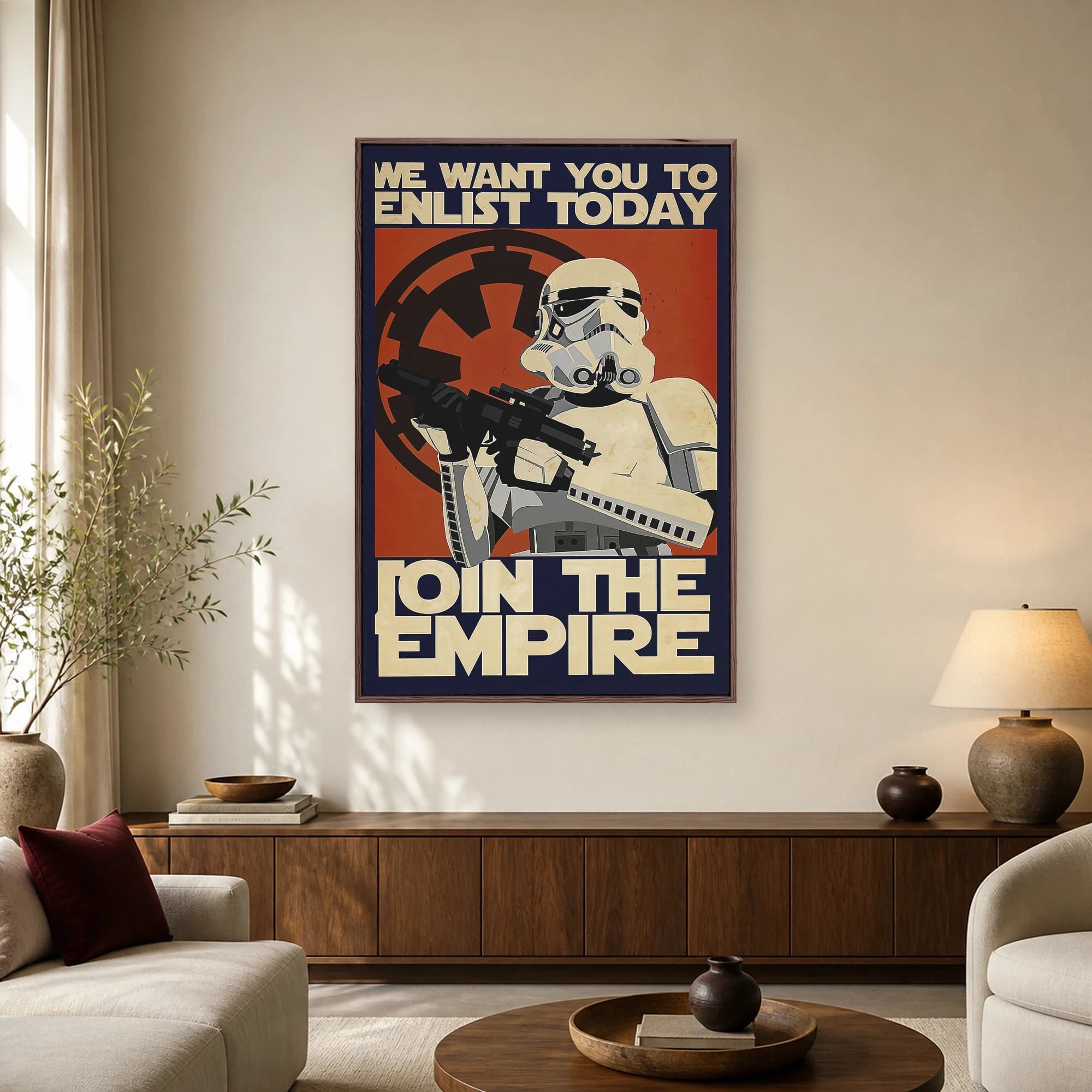 Vintage style propaganda poster featuring a Star Wars Stormtrooper holding a blaster against an orange background with the Imperial Crest and bold text.