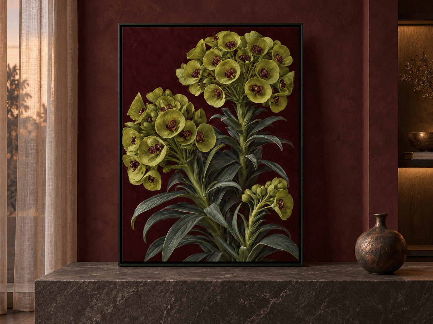 This chartreuse euphorbia wall art captures a moody botanical scene. Muted chartreuse euphorbia cups reveal burgundy centers above spiraling blue-olive leaves.