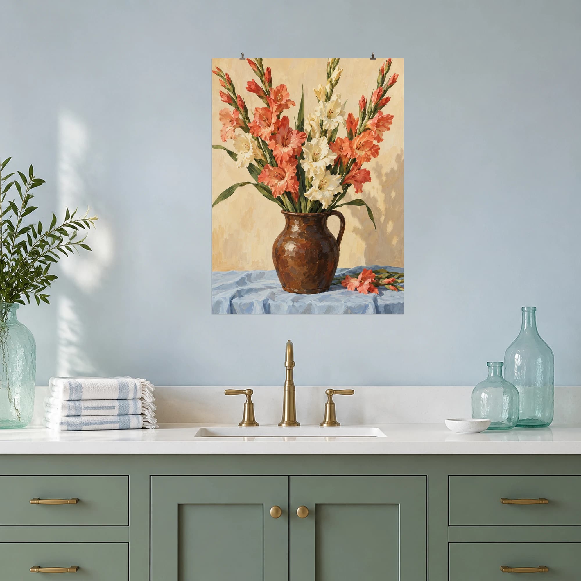 Tall coral and ivory gladioli rise from an earthenware jug in a blue and cream setting.