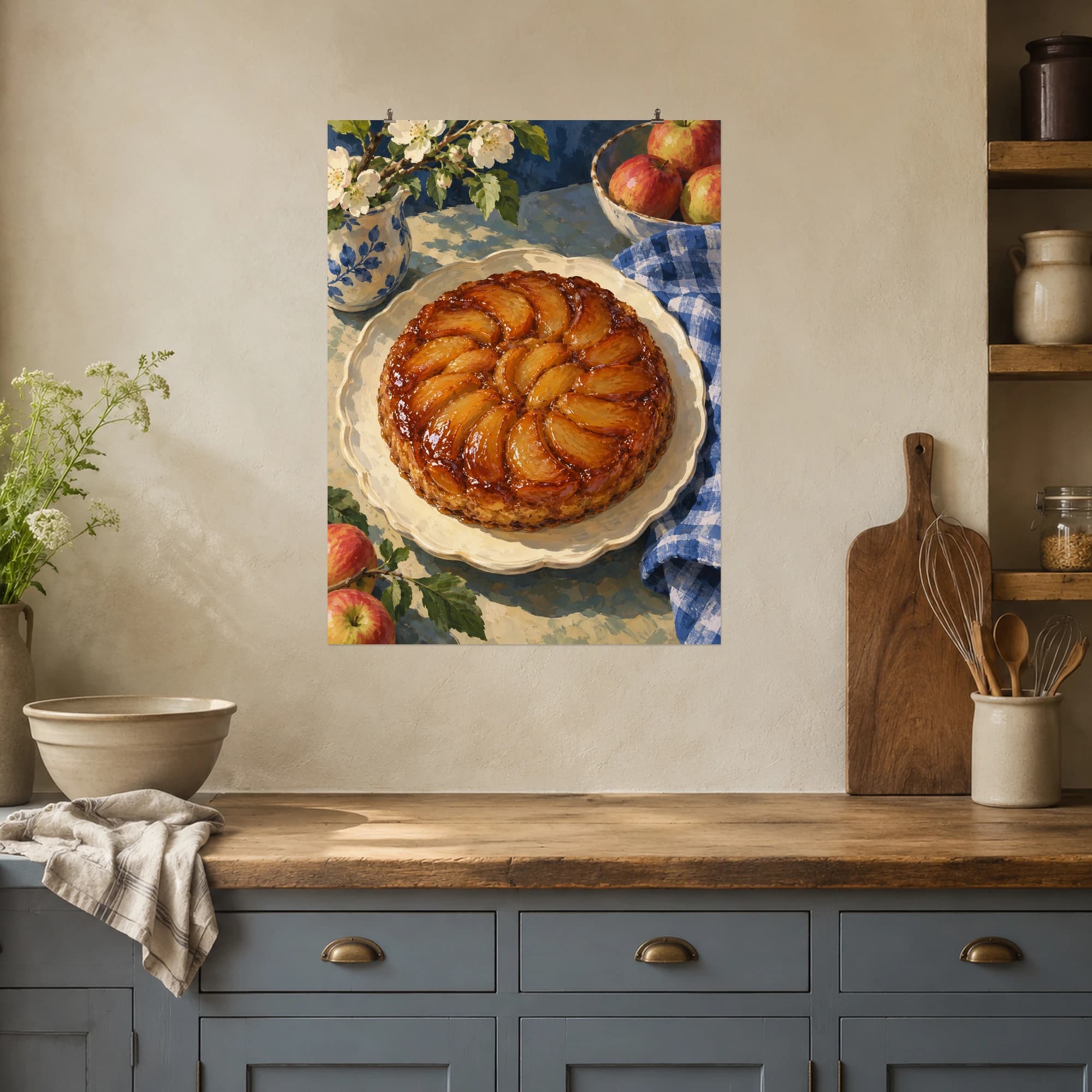 This gouache-style composition features an upside down caramel apple tart on a cream platter beside a folded blue checked cloth. Expressive brushwork and carefully balanced color bring a distinctive focal point to your wall.