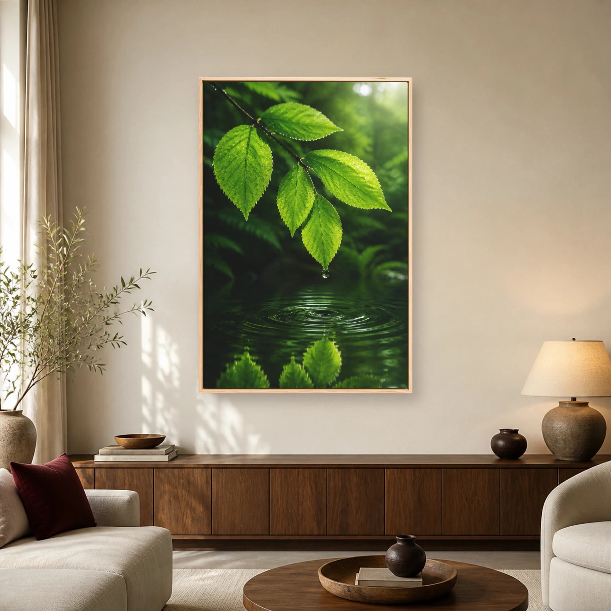 Macro photograph of vibrant green leaves hanging over dark water with a falling water droplet and concentric ripples.