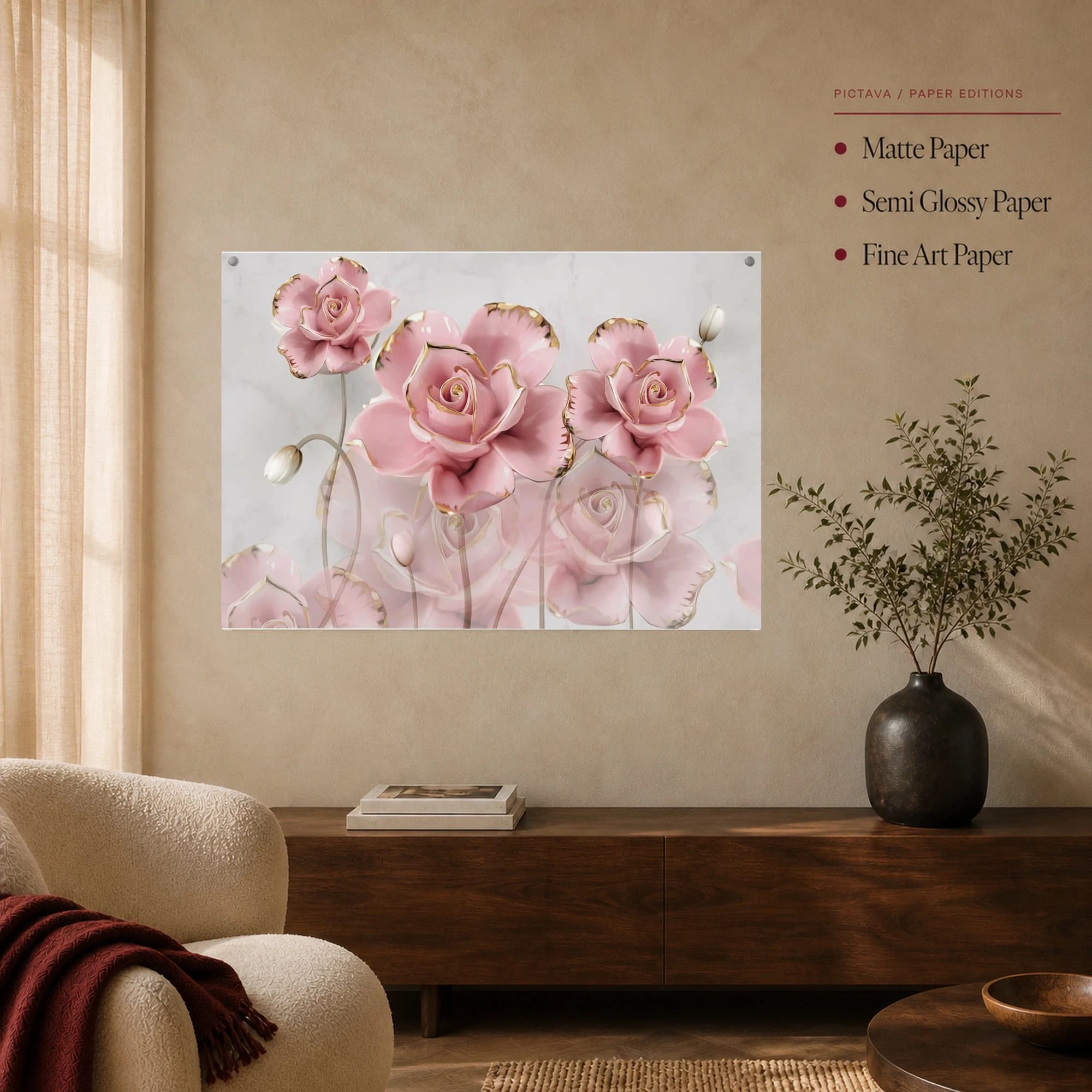 Pink Ceramic Roses Gold Trim Floral Wall Art Canvas, view 6