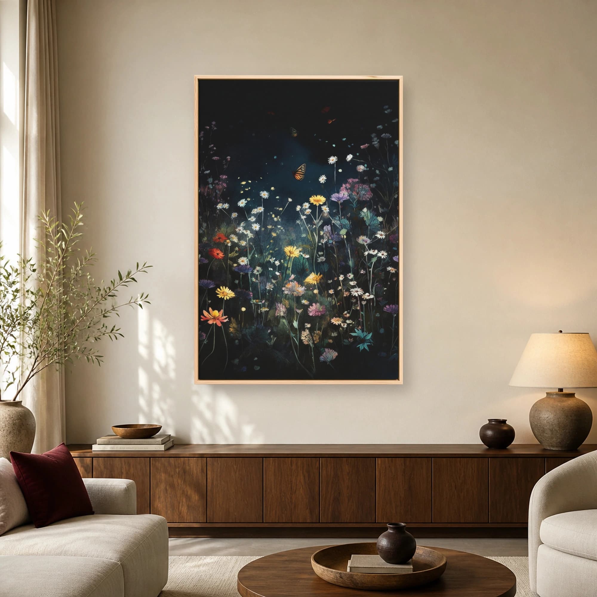 Midnight Meadow Butterfly Wildflower Night Print, view 2