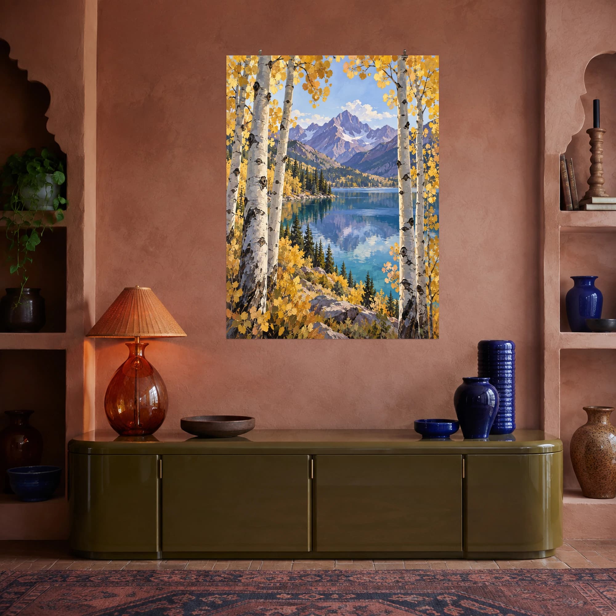 This gouache-style composition features silvery aspen trunks framing a clear alpine lake with distant violet mountains, gold foliage and crisp pale sky. Expressive brushwork and a balanced palette bring warmth and character to your space.