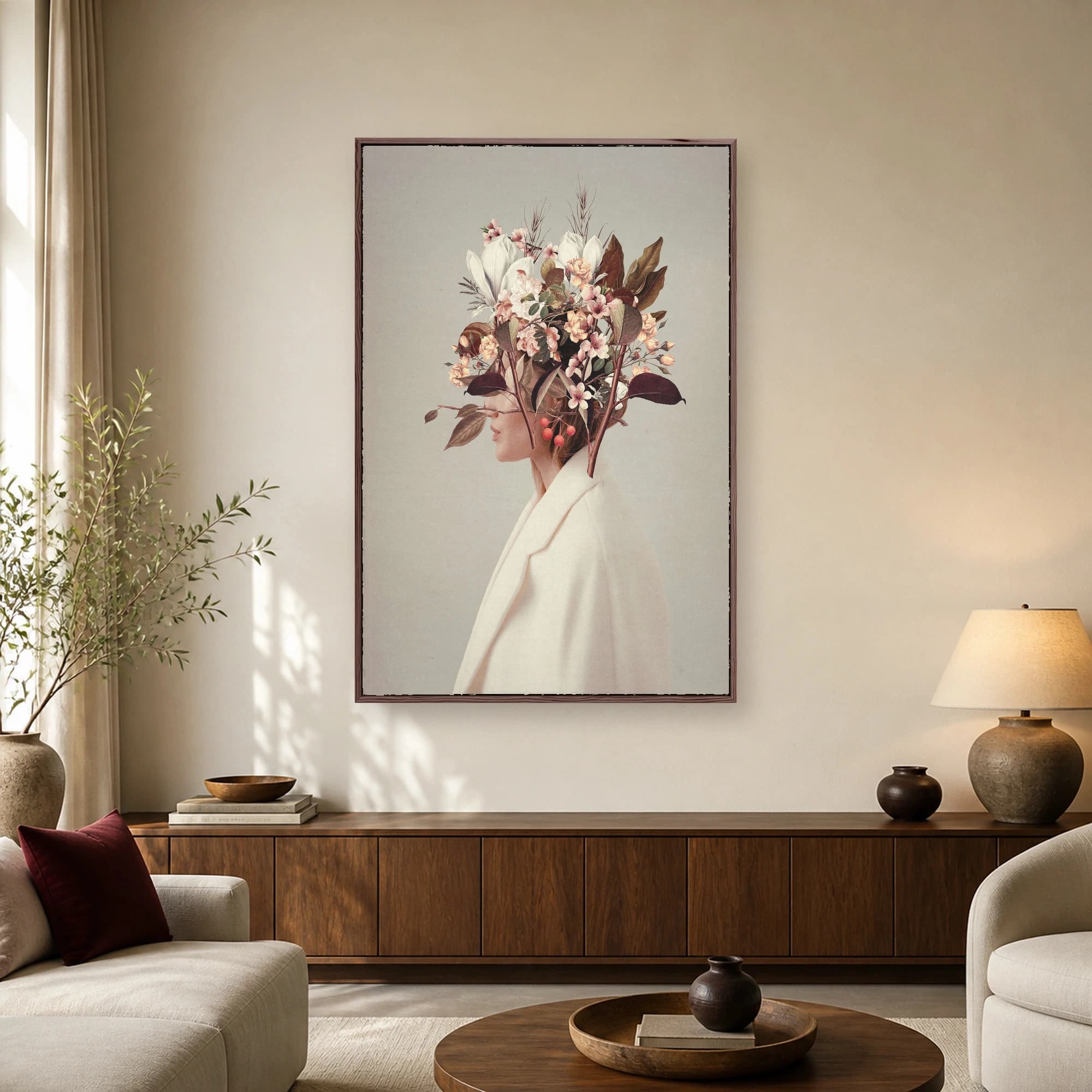Side profile of a woman wearing a light coat with her head replaced by an intricate arrangement of white magnolias, pink blossoms, leaves, and red berries against a neutral