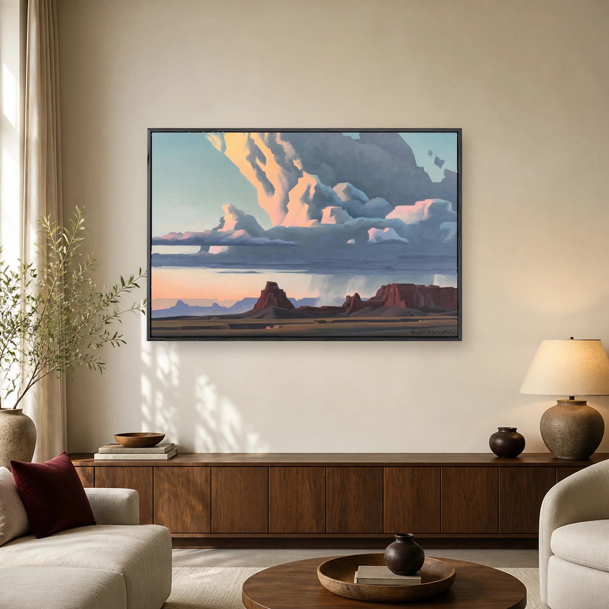 Fine art landscape painting of towering red rock desert monoliths under a dramatic peach and blue cloudy sky at sunset.