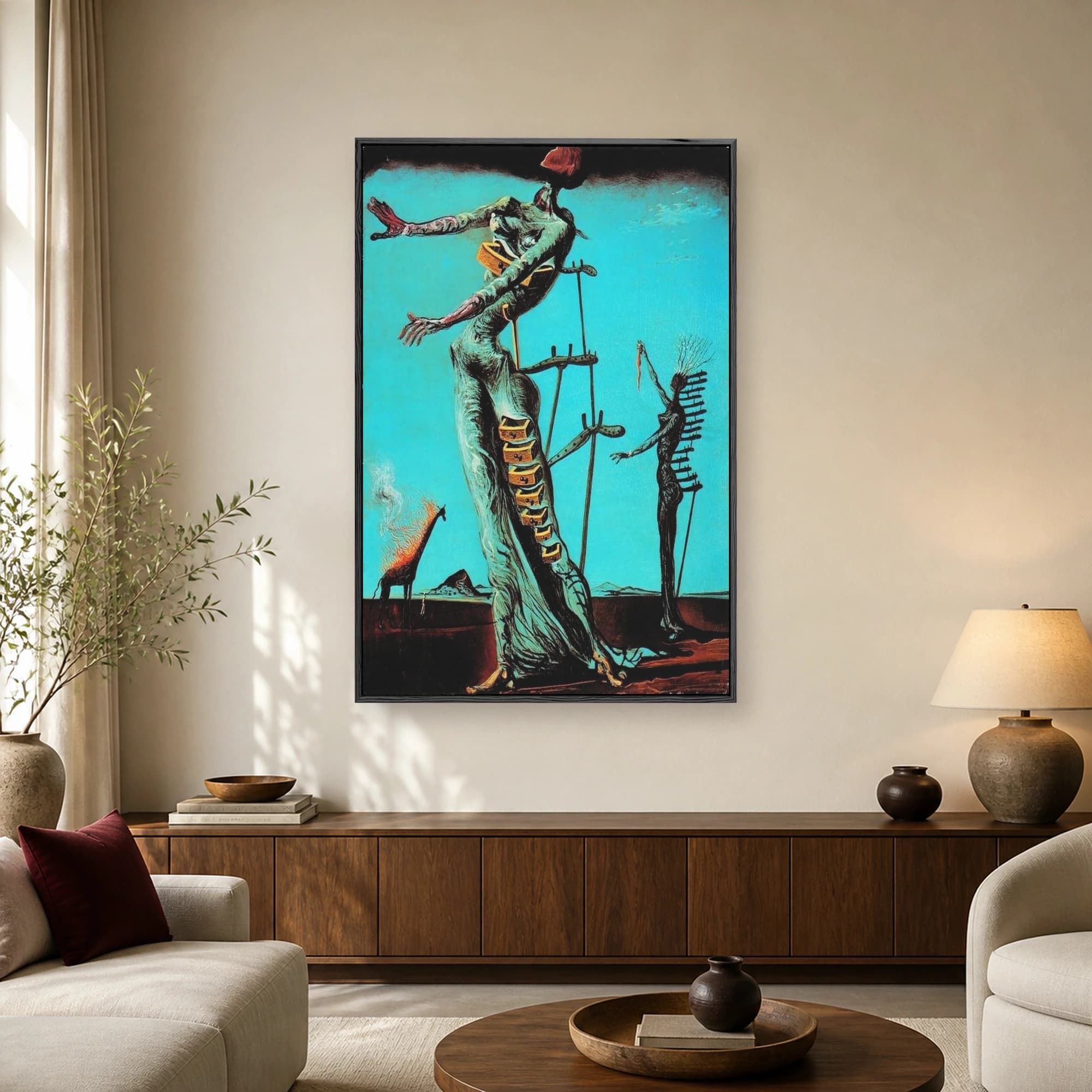Surrealist painting by Salvador Dali featuring a tall female figure with open drawers and crutches, a smaller figure, and a flaming giraffe against a bright blue sky.