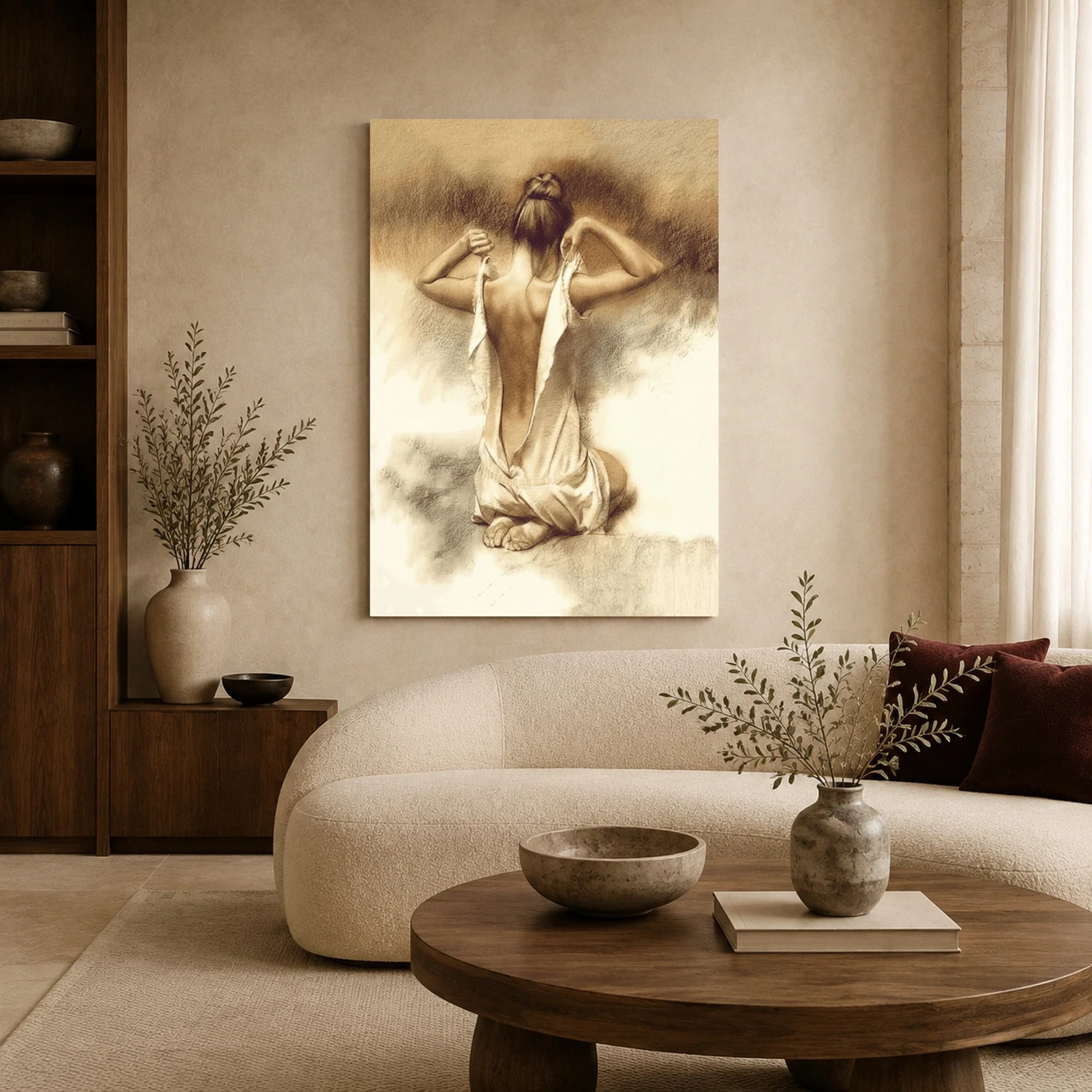 Kneeling Woman Undressing Charcoal Drawing Art Print, view 6