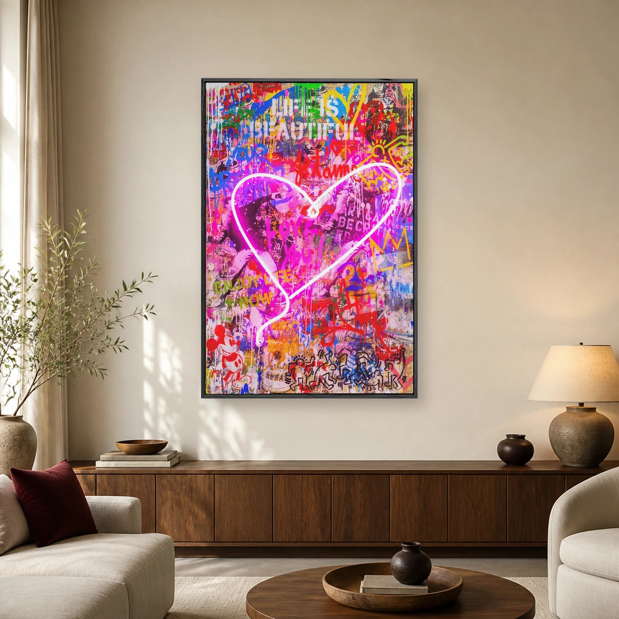 Vibrant pop art collage featuring a glowing neon heart, Life is Beautiful text, paint drips, and pop culture silhouettes in pink, blue, and red.