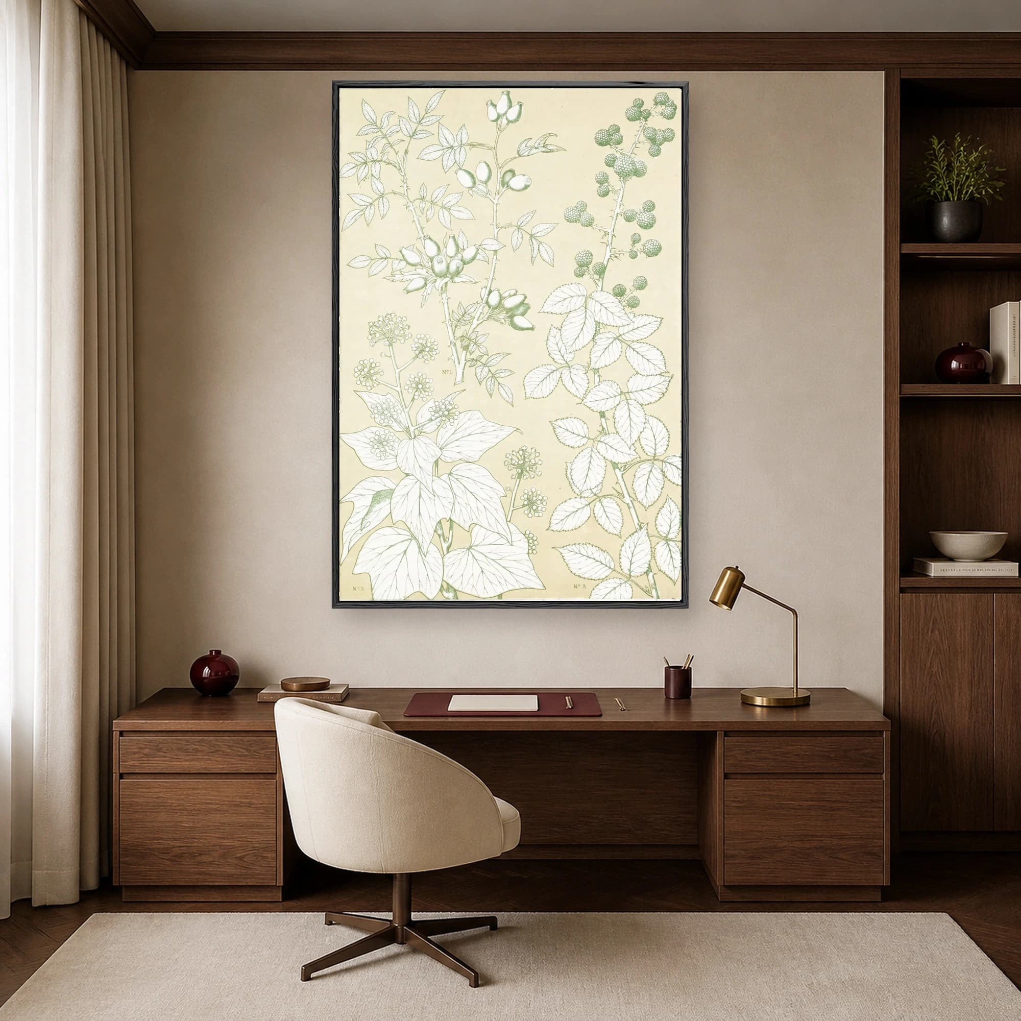 Vintage botanical illustration featuring detailed green line drawings of bramble branches, leaves, berries, and numbered labels on an aged parchment background.