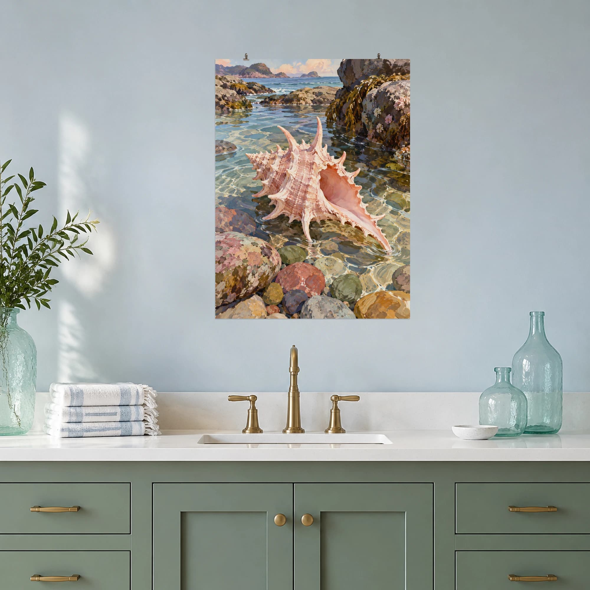 This gouache-style composition features an elegant pale rose murex shell with sculptural spines resting in a shallow tide pool, clear ripples and softly colored sea stones. Expressive brushwork and a balanced palette bring warmth and character to your space.