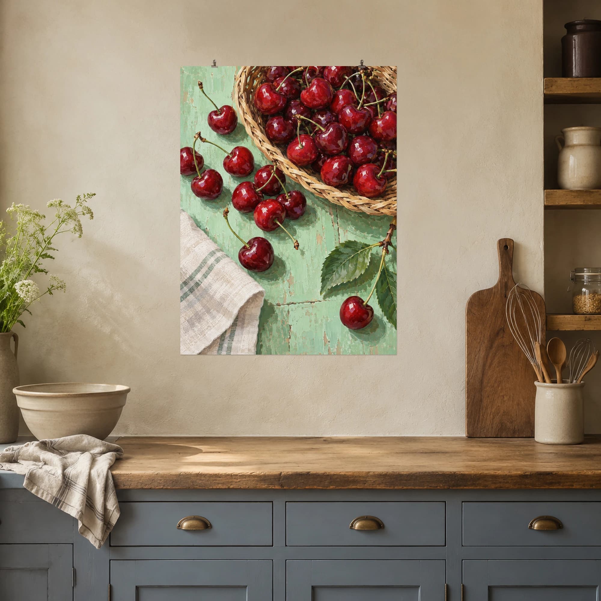 Fresh cherries spill from a woven basket onto a mint green garden table.