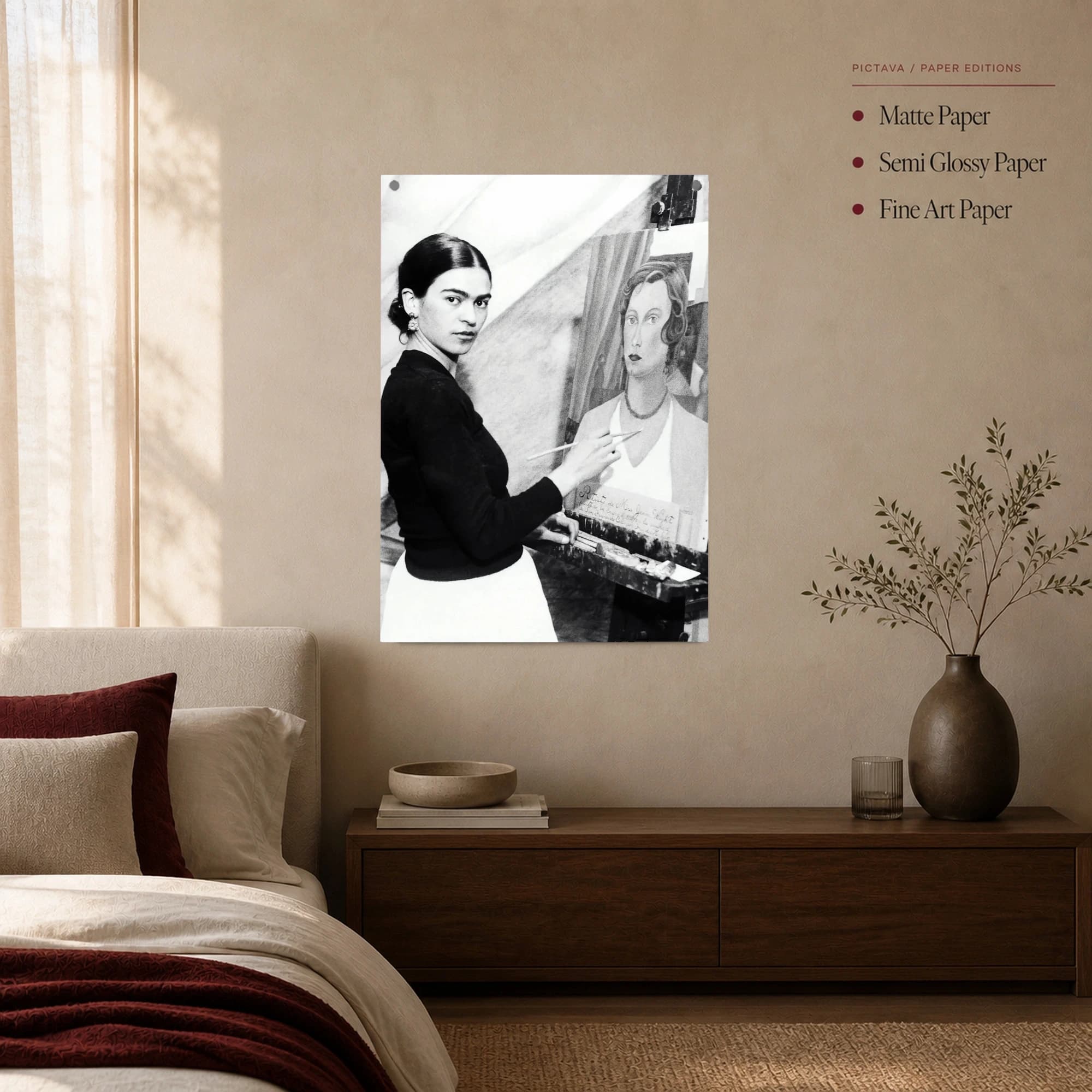 Frida Kahlo Painting in Studio Black and White Canvas Print, view 5