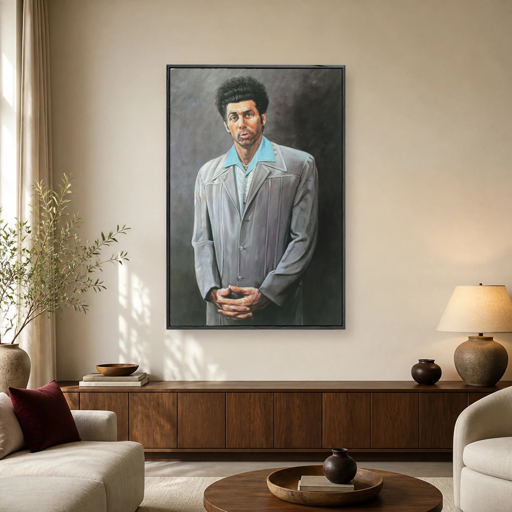 Oil painting portrait of Cosmo Kramer from Seinfeld wearing a grey suit and blue shirt with wild curly hair against a dark background