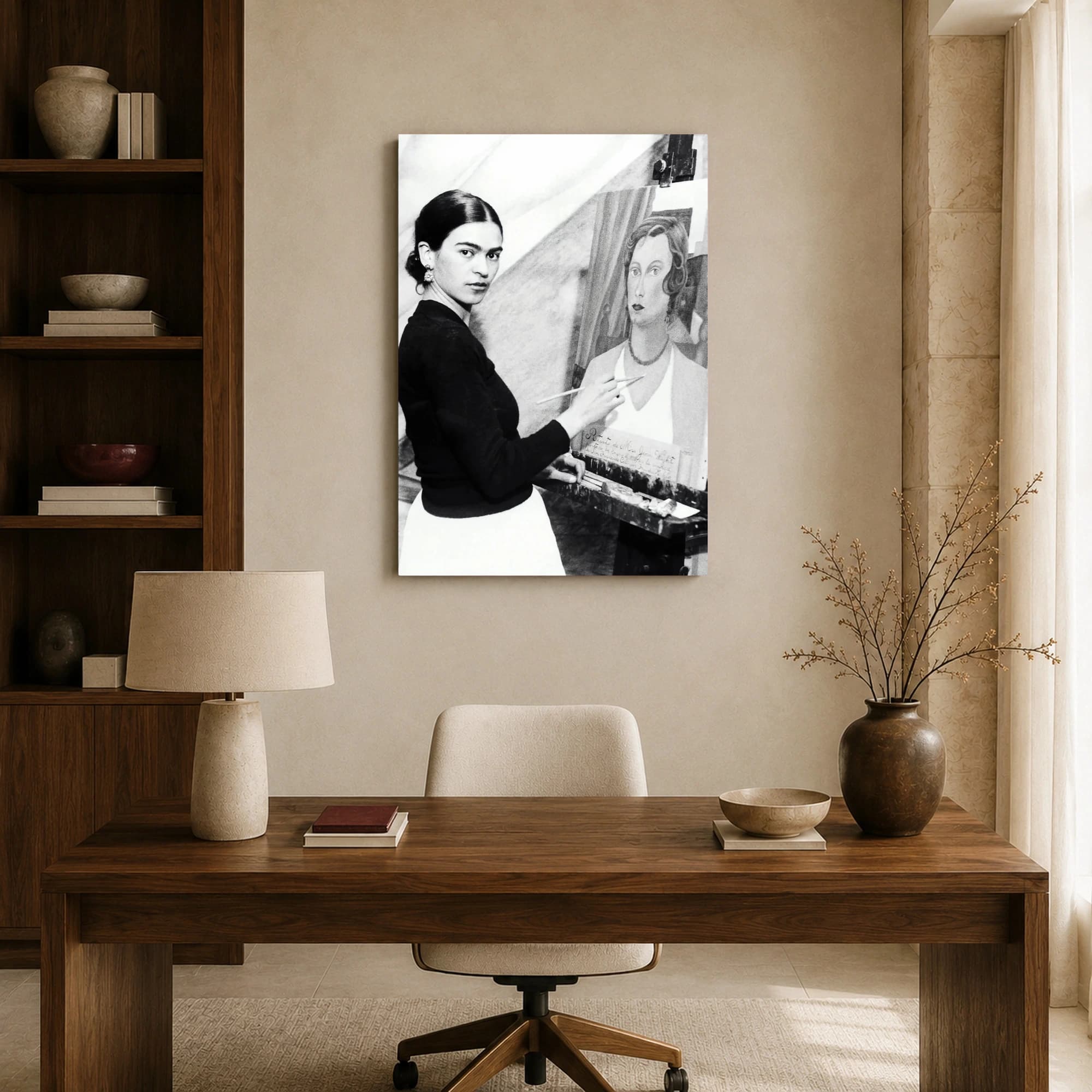 Frida Kahlo Painting in Studio Black and White Canvas Print, view 8