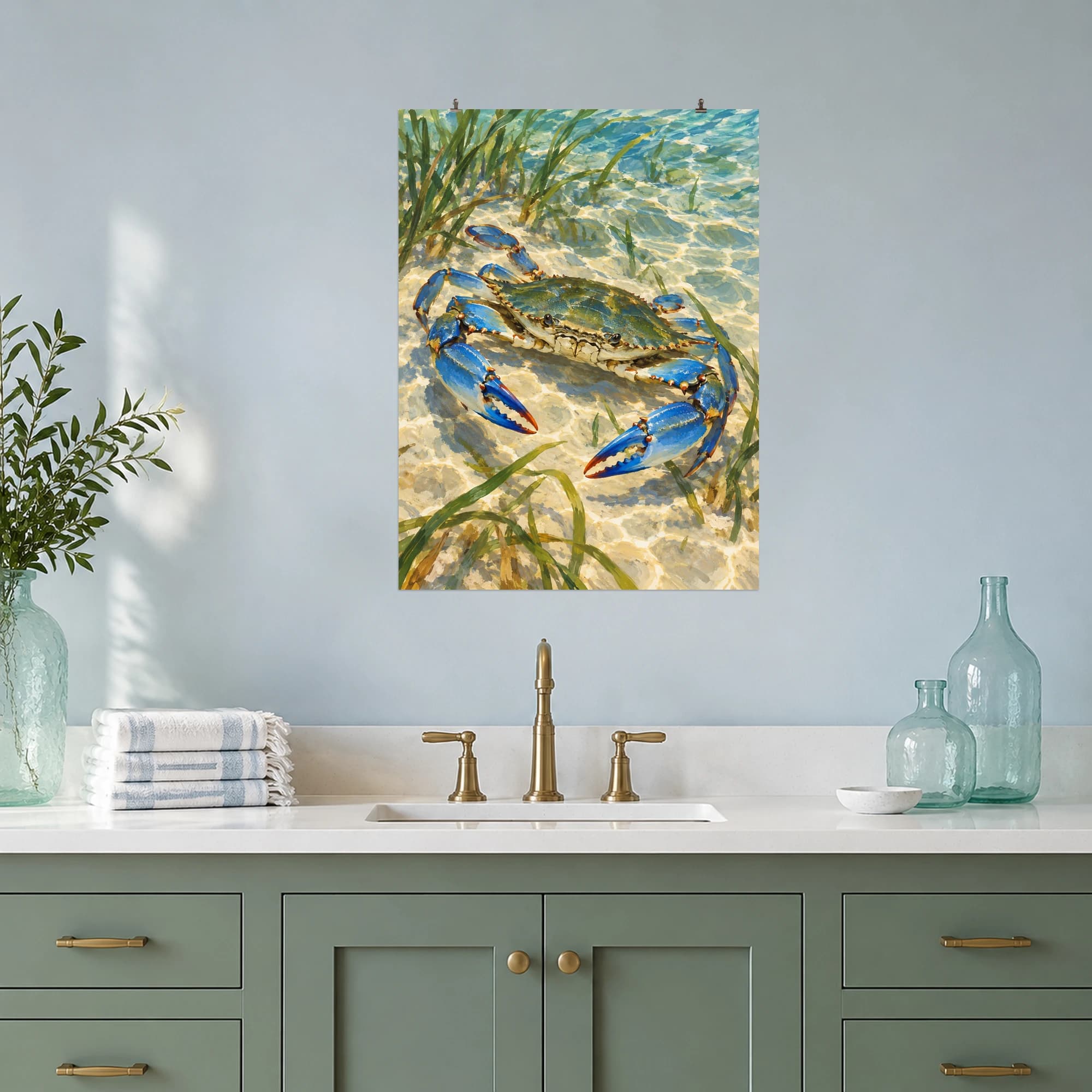 This gouache-style composition features a blue crab with bright cobalt claws in clear shallow water over cream sand, gentle rippling sunlight and scattered sea grass. Expressive brushwork and a balanced palette bring warmth and character to your space.