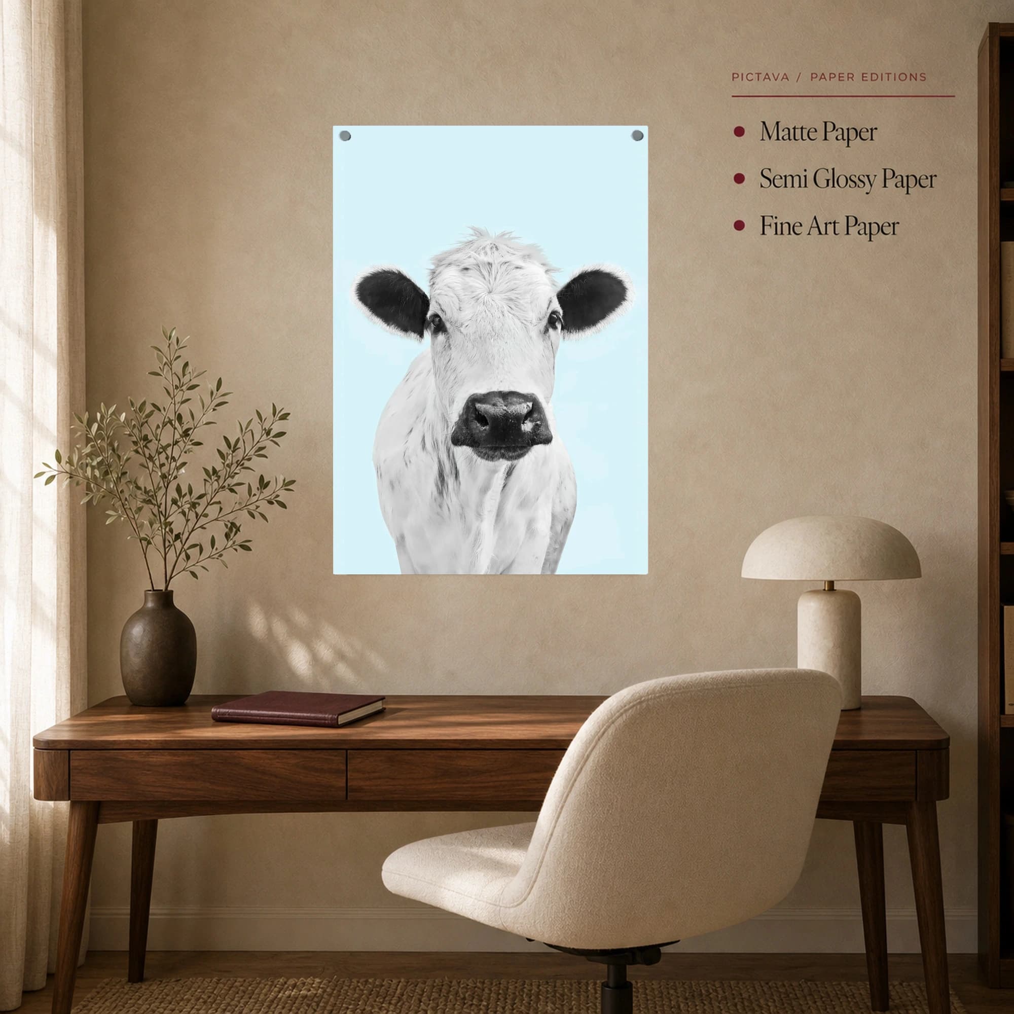Charming Cow Portrait on Light Blue Wall Art, view 8