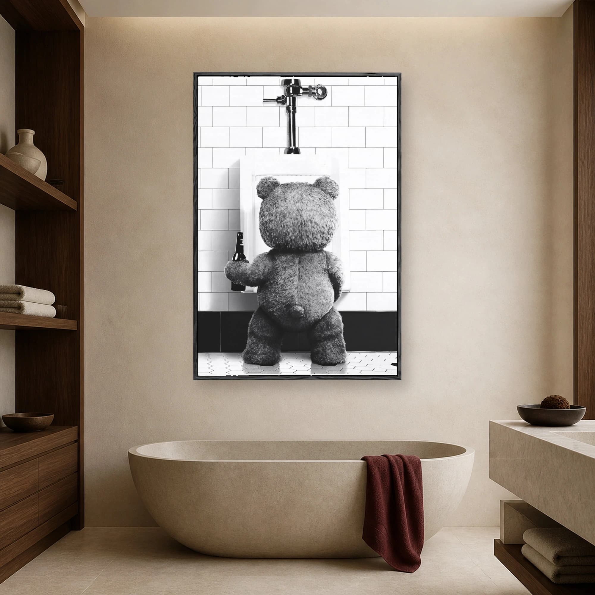 Rear view of a textured plush teddy bear standing at a white subway-tile urinal holding a beer bottle, rendered in sharp black and white photography.