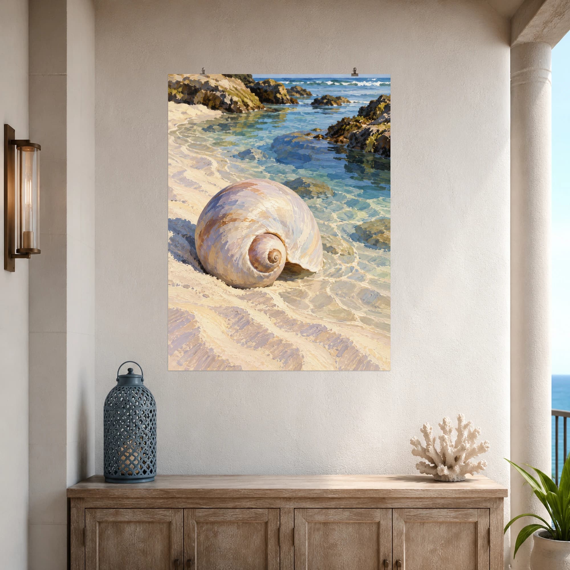This gouache-style composition features a polished moon snail shell half resting in pale rippled sand beside a shallow blue pool. Expressive brushwork and carefully balanced color bring a distinctive focal point to your wall.