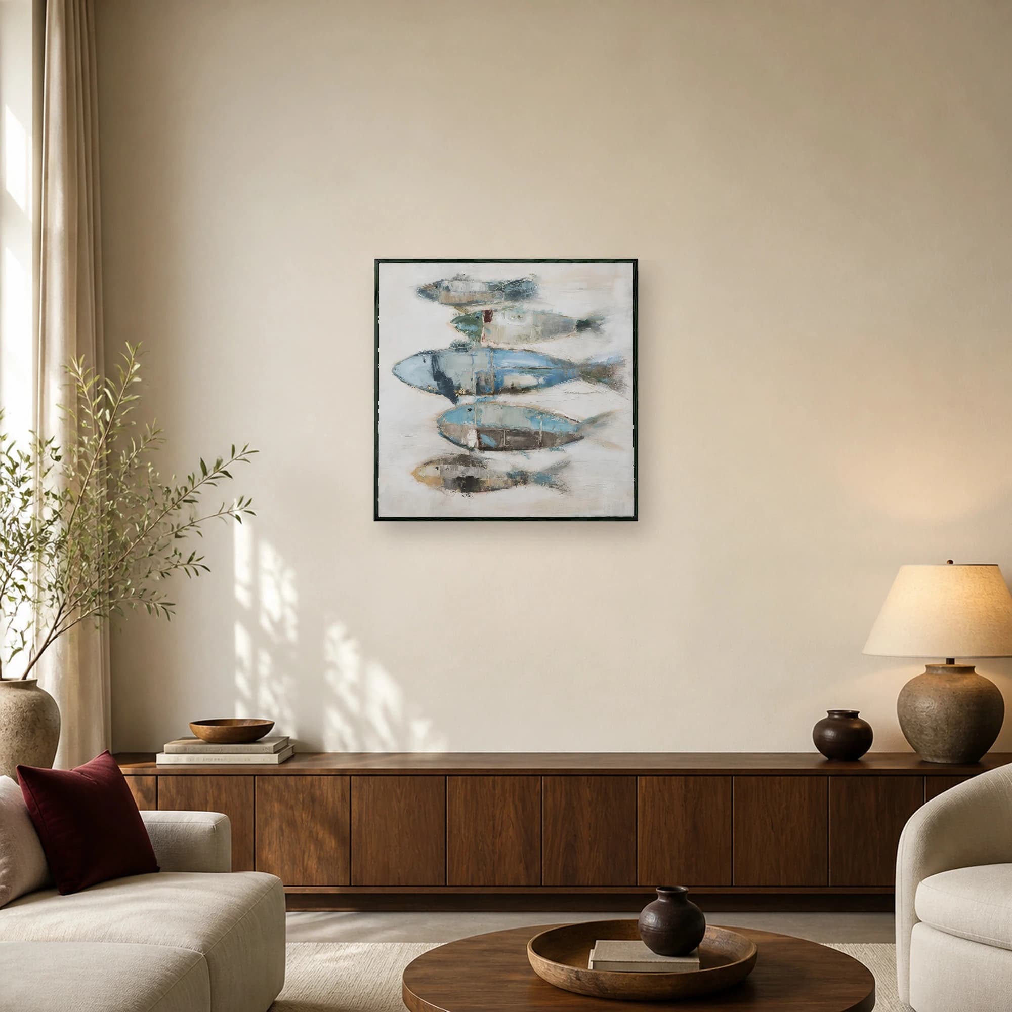 Abstract painting of five stacked fish in blue, green, and gray with gold accents on a textured white background.