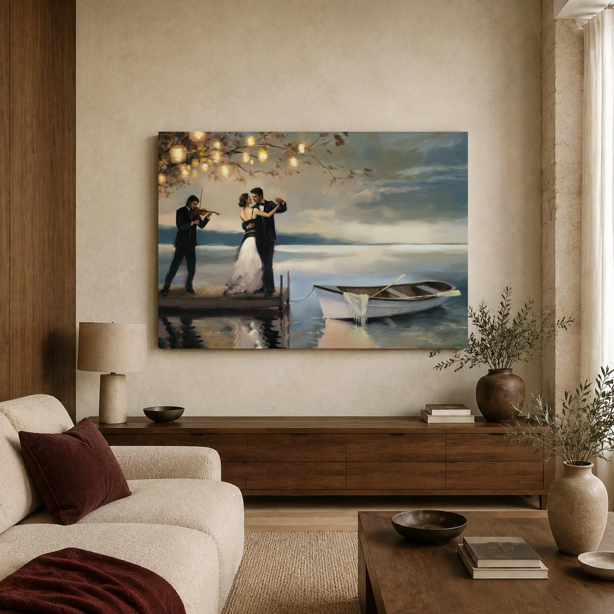 Romantic Lakeside Dance Canvas Print with Violinist and Lanterns, view 3