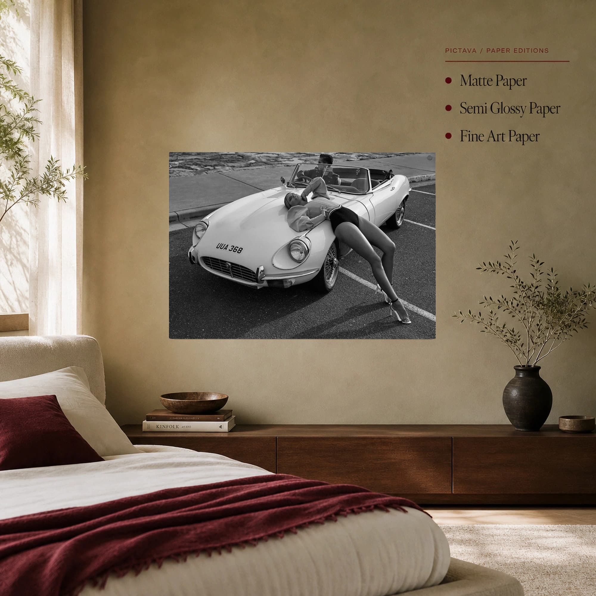 Vintage Sports Car and Fashion Model Black and White Art Print, view 7