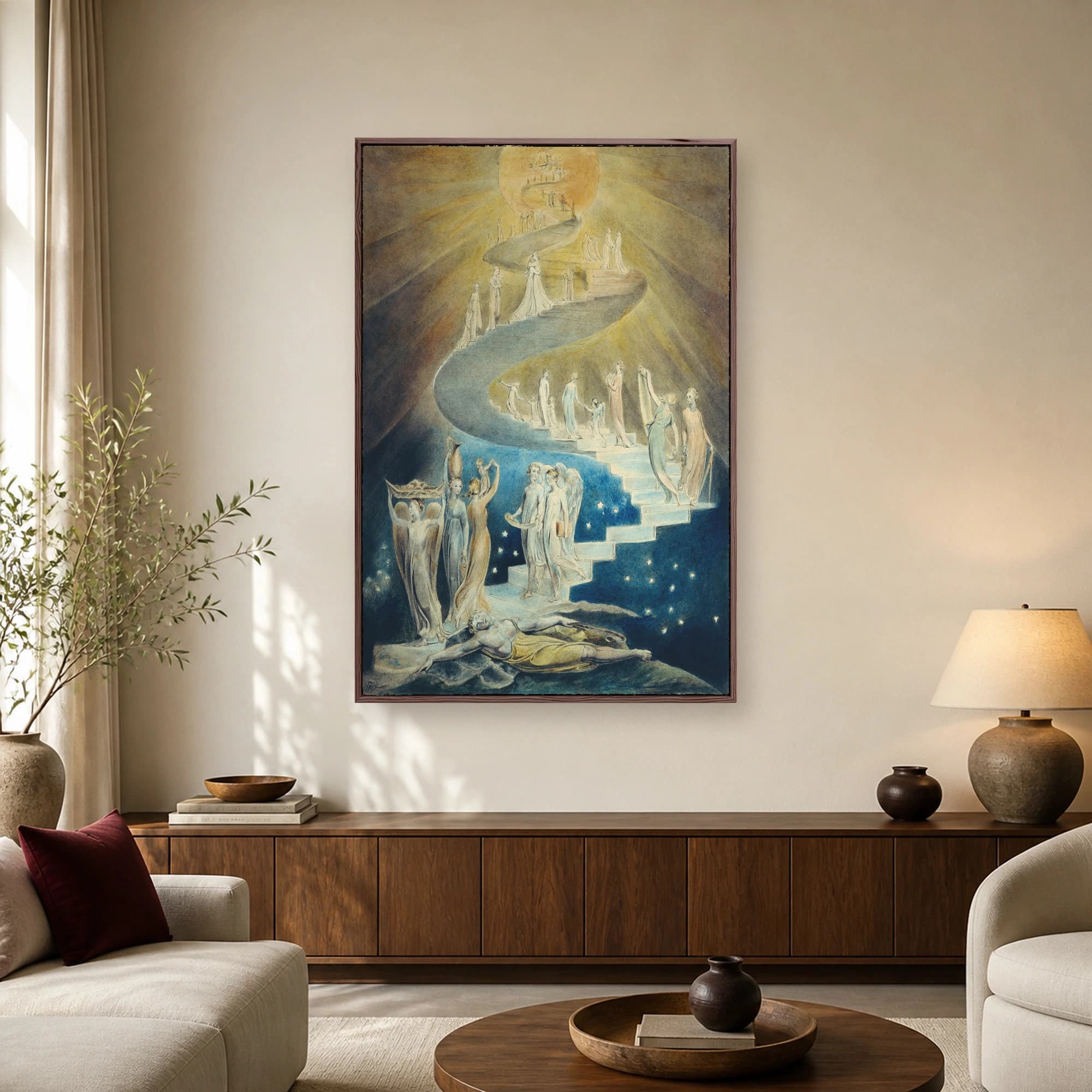 Fine art print of William Blake's Jacob's Dream showing a sleeping man and angelic figures ascending a winding staircase into golden light.