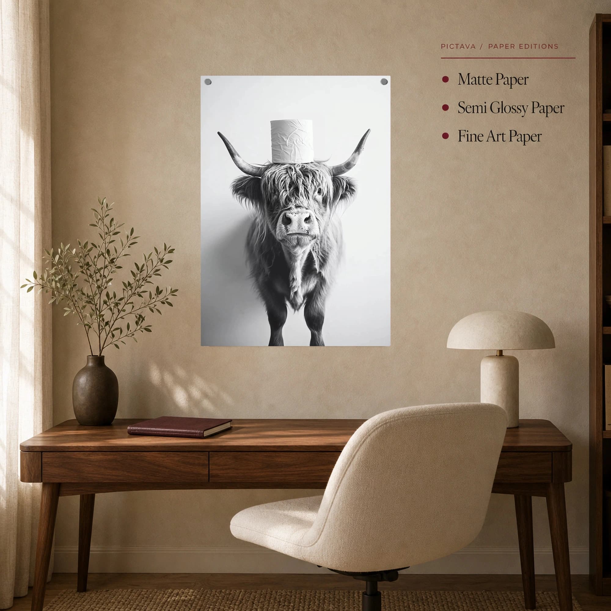 Highland Cow with Toilet Paper Roll Monochrome Wall Art, view 7