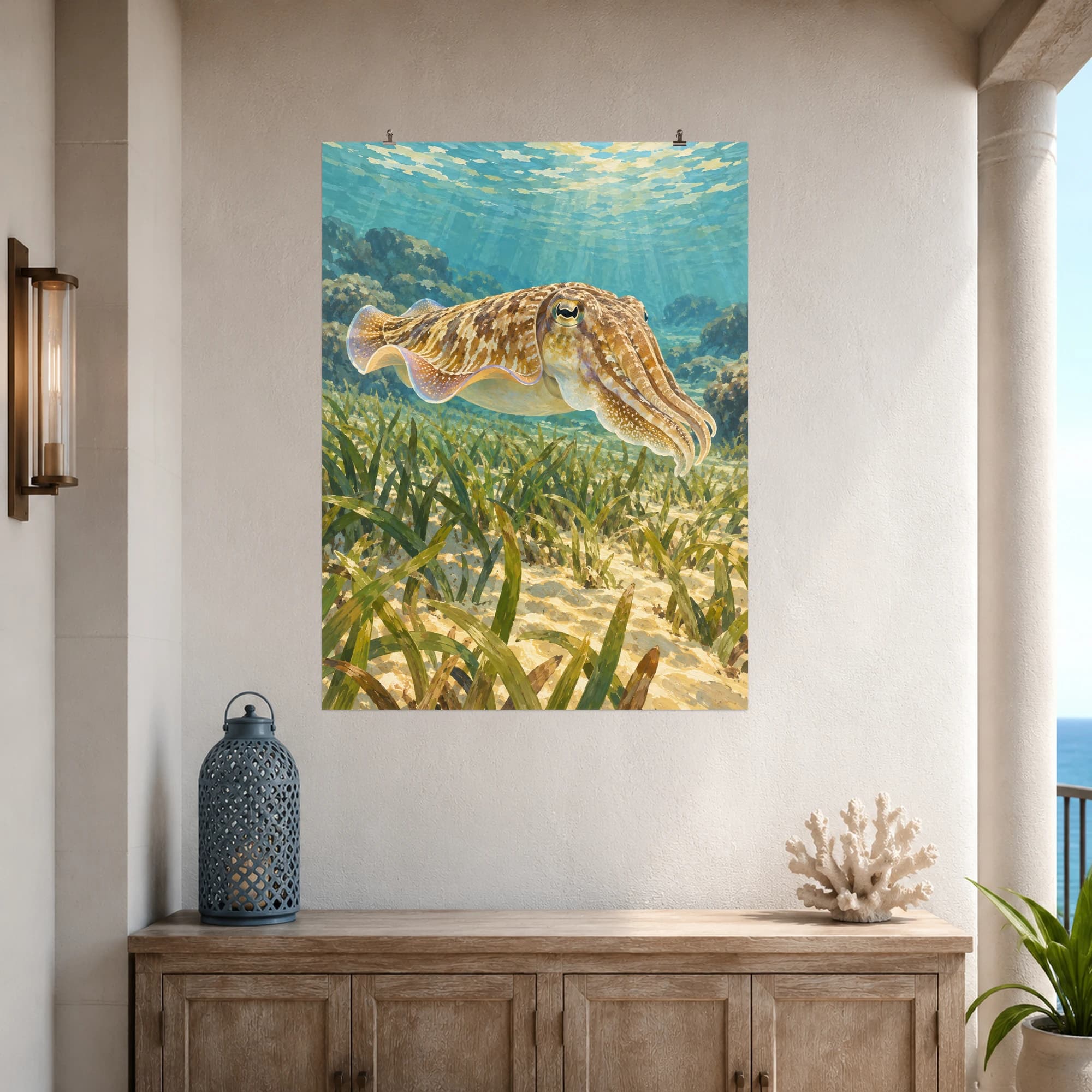 This gouache-style composition features a single cuttlefish with softly rippling fins floating just above a sunlit seagrass meadow, warm sandy colors and clear aqua water. Expressive brushwork and a balanced palette bring warmth and character to your space.