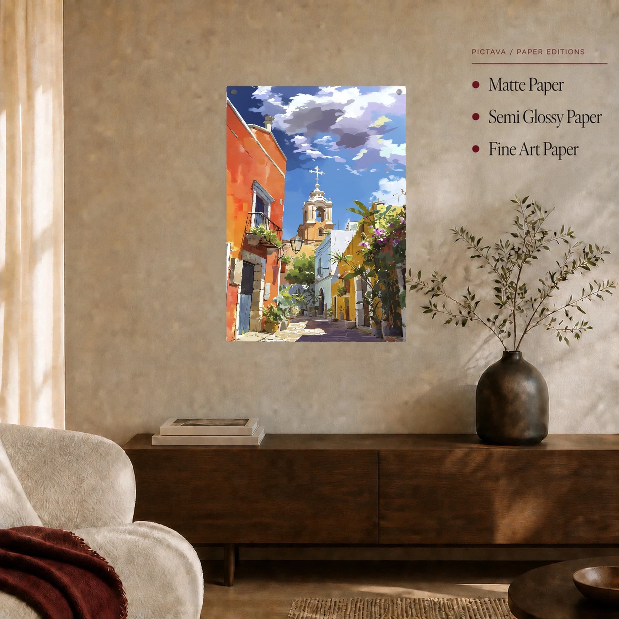 Sunlit Mediterranean Village Street Canvas Print, view 6