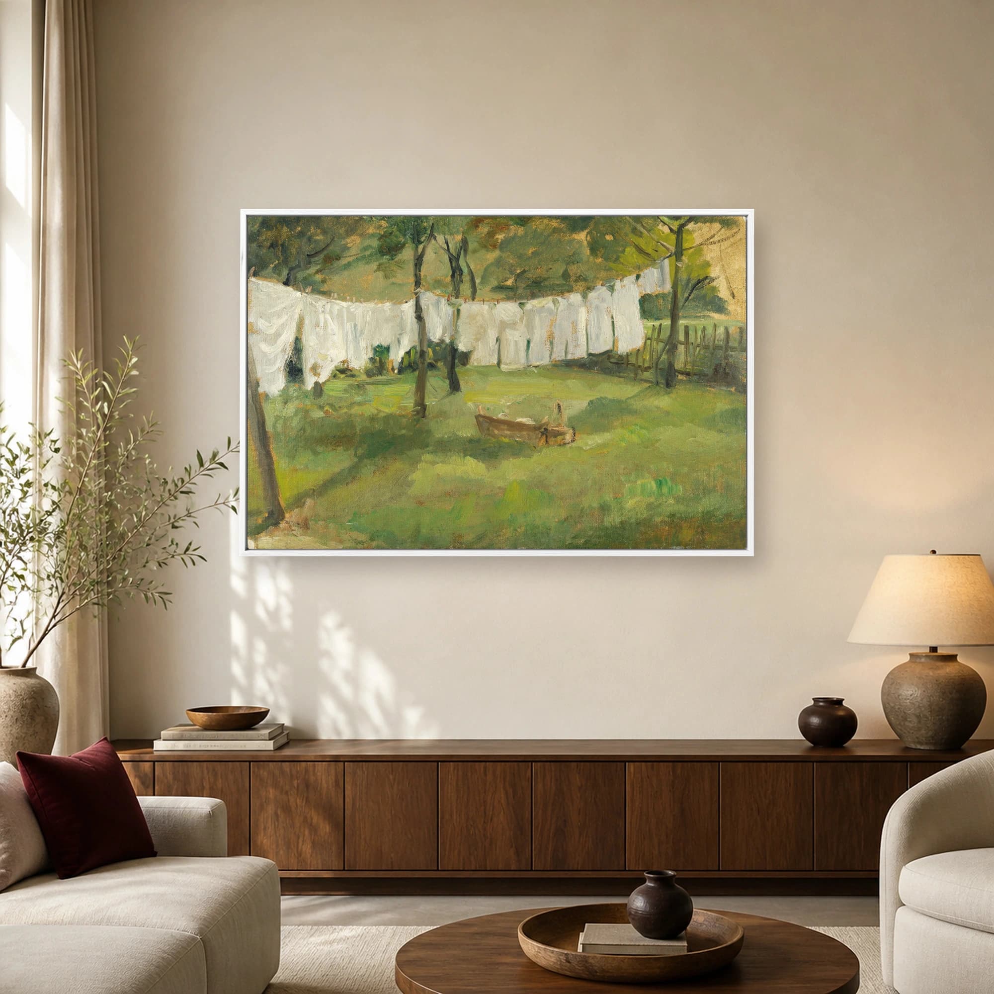Laundry Drying in the Garden Impressionist Landscape Canvas Print, view 2