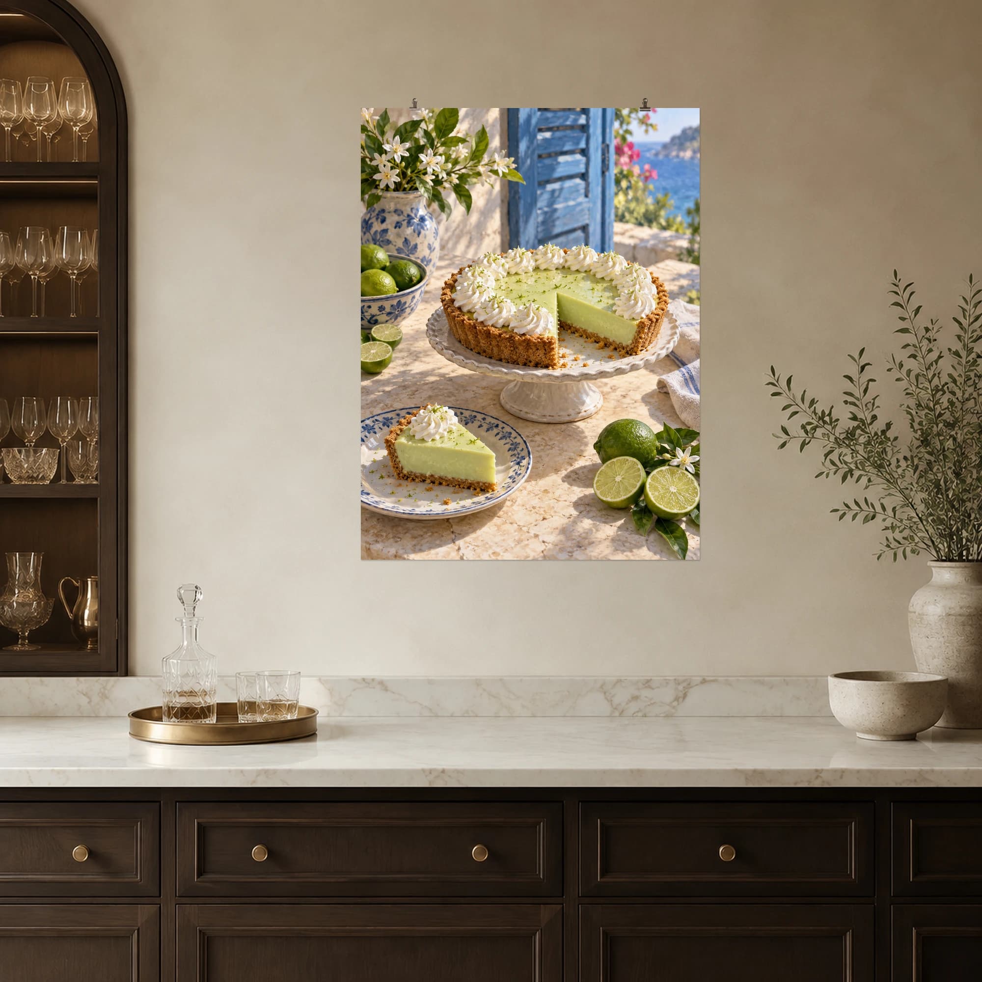 A key lime pie and fresh citrus brighten a coastal kitchen with blue shutters.