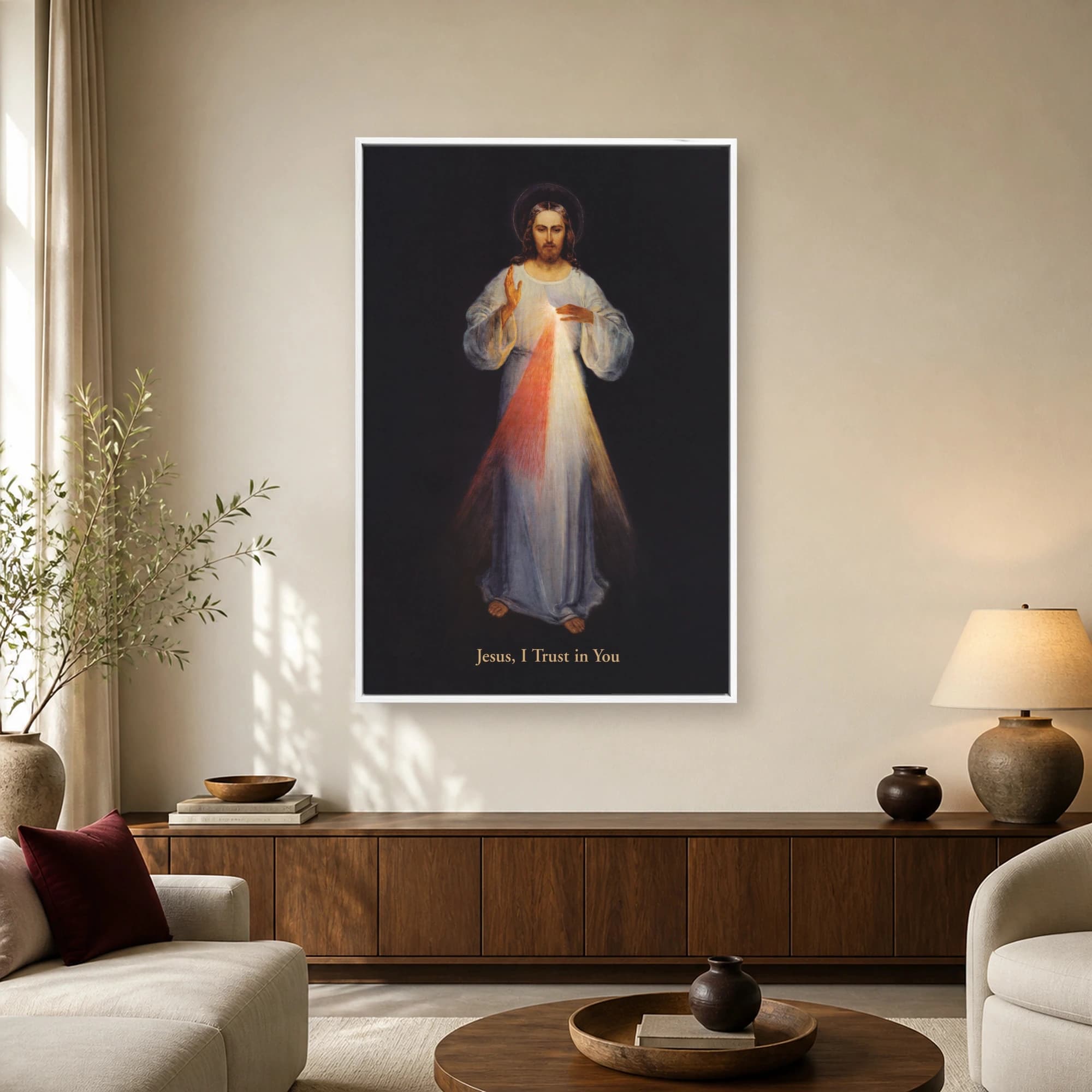 Portrait of Divine Mercy Jesus with glowing red and white rays emanating from His chest against a dark background, with Jesus I Trust in You text below