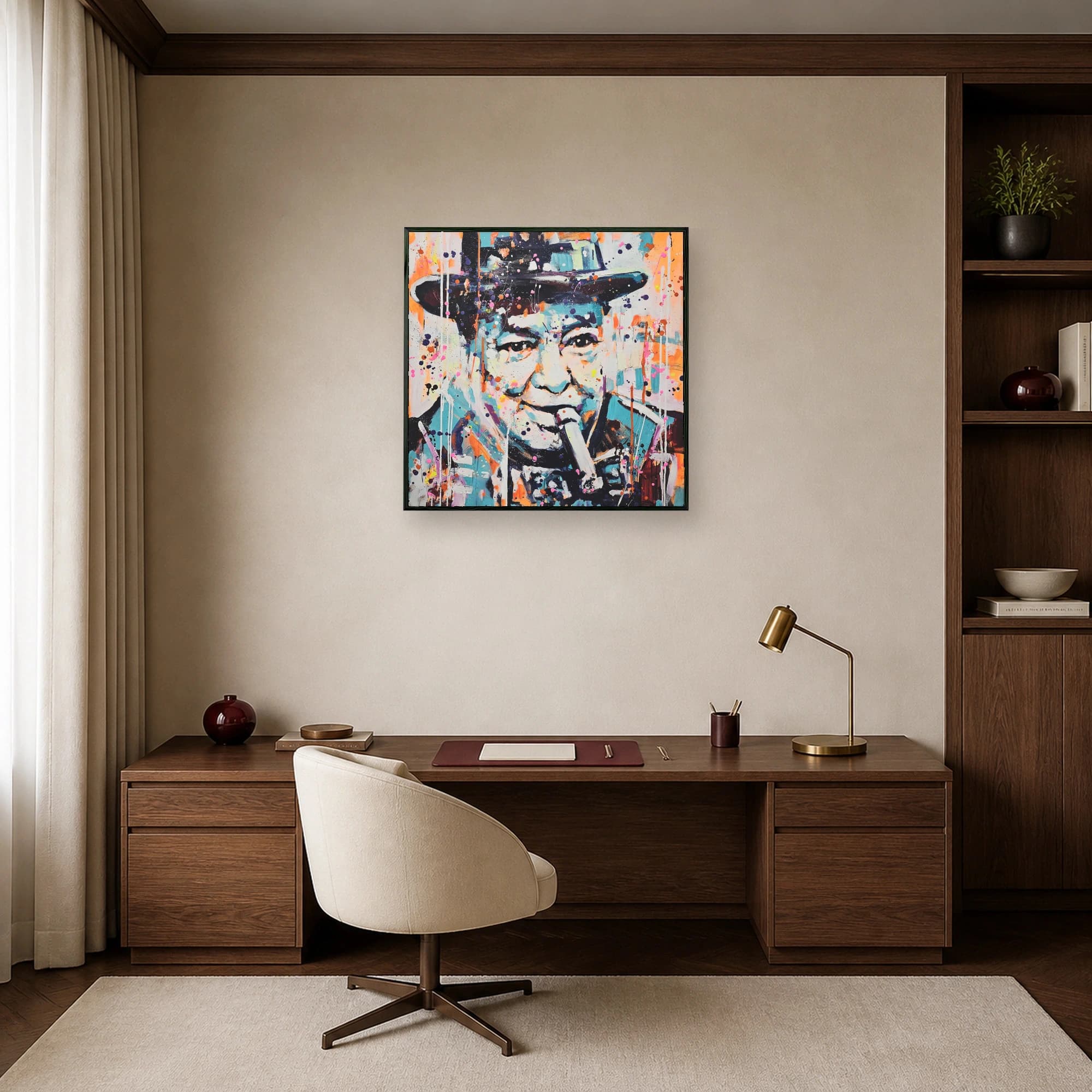 Colorful abstract pop art painting of Winston Churchill wearing a hat and smoking a cigar with vibrant paint drips in turquoise and orange.