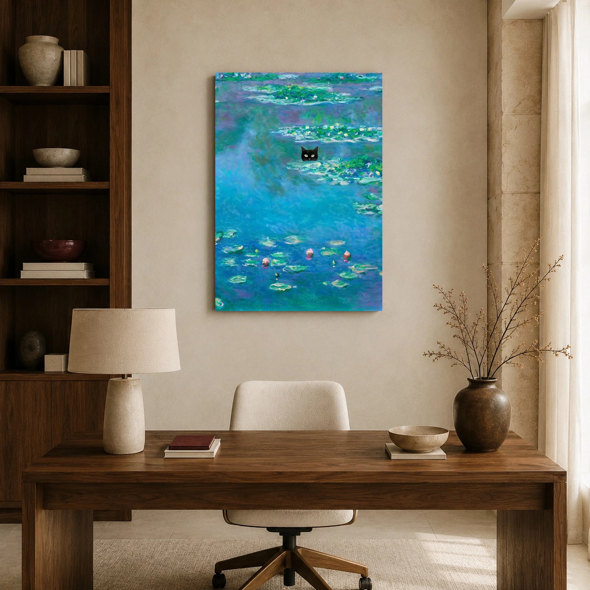 Black Cat Water Lilies Impressionist Canvas Print, view 8