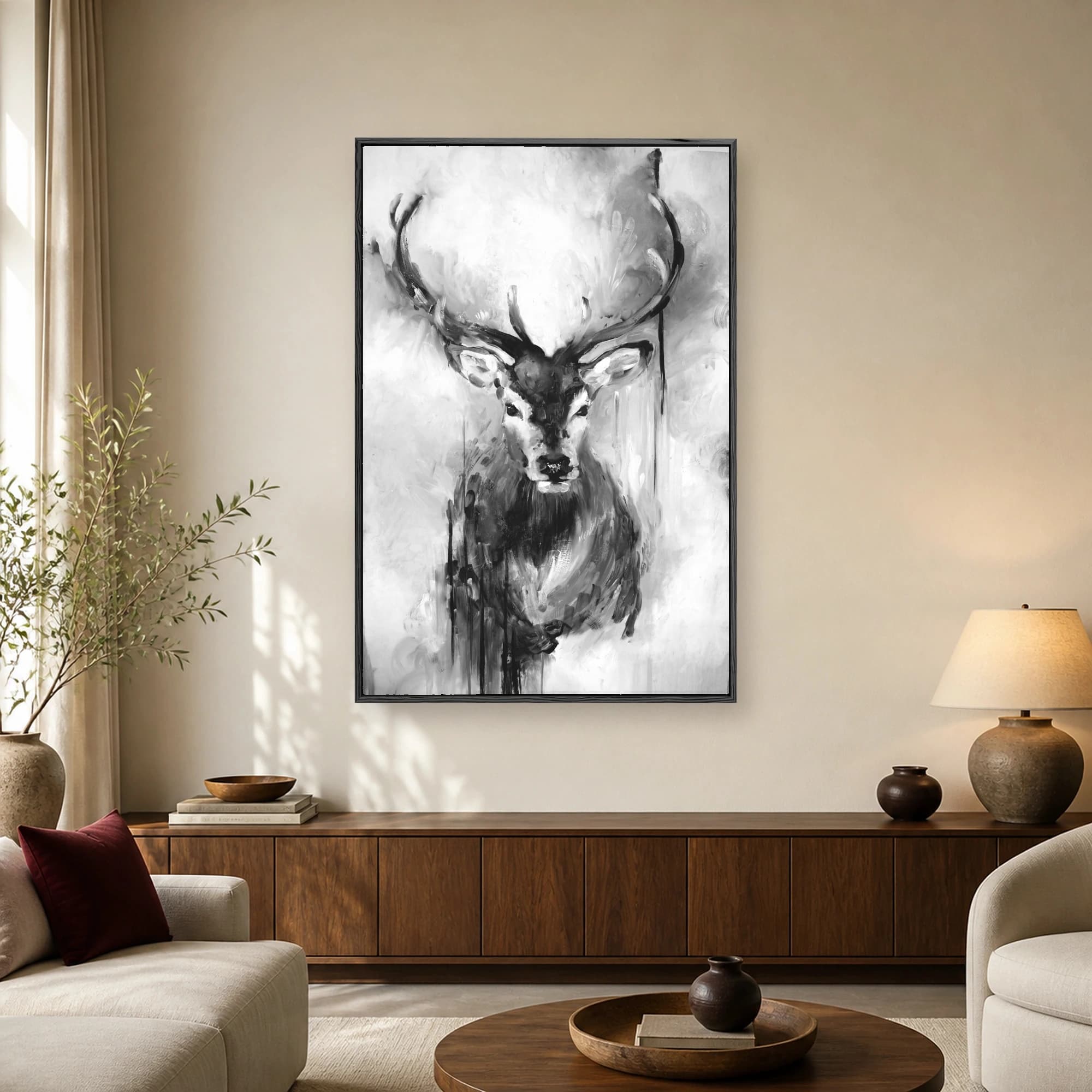 Expressive black and white painting of a majestic stag with large antlers against a textured painterly background.