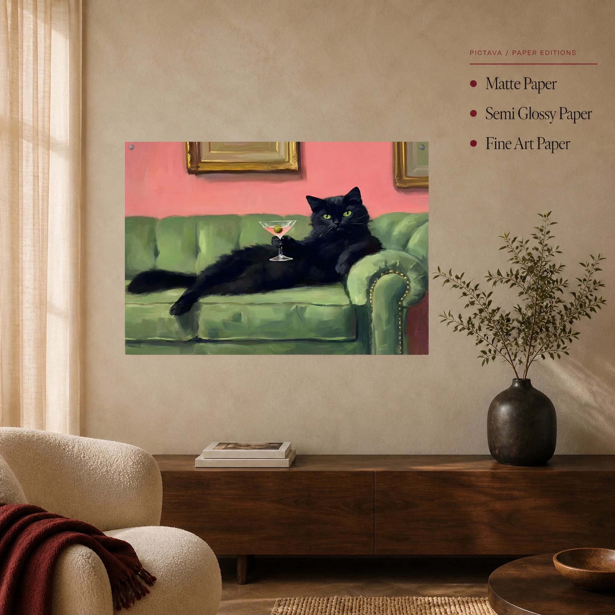Sophisticated Black Cat Drinking Martini Canvas Art, view 5