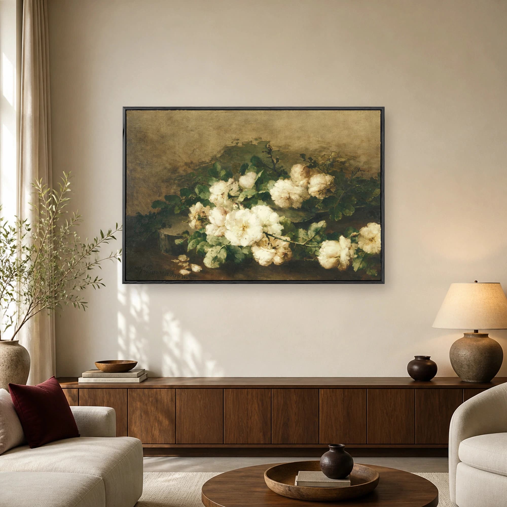 Fine art print of a traditional still life painting showing a cluster of white roses and dark green leaves against a muted brown background.
