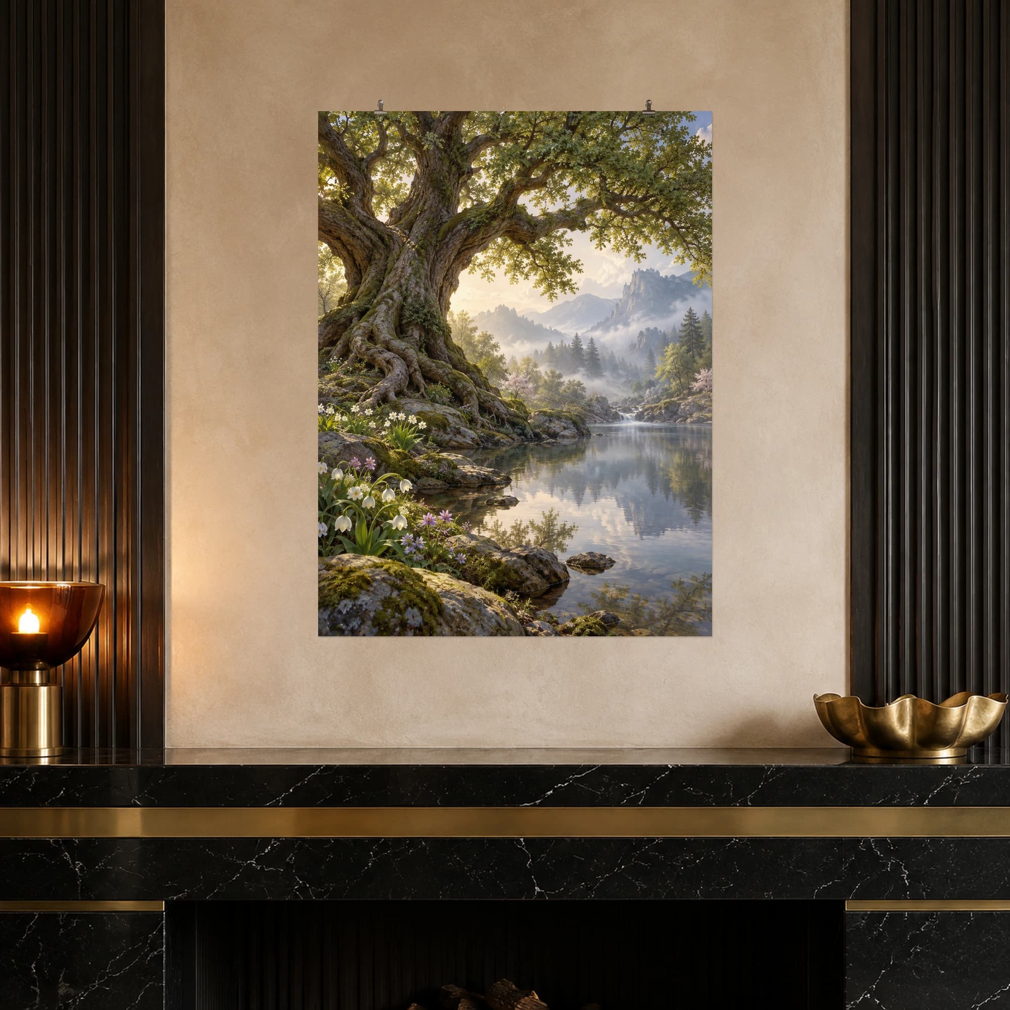 An ancient tree spreads its roots beside still water as dawn mist softens the distant landscape. This tranquil scene celebrates the presence of a timeworn tree.