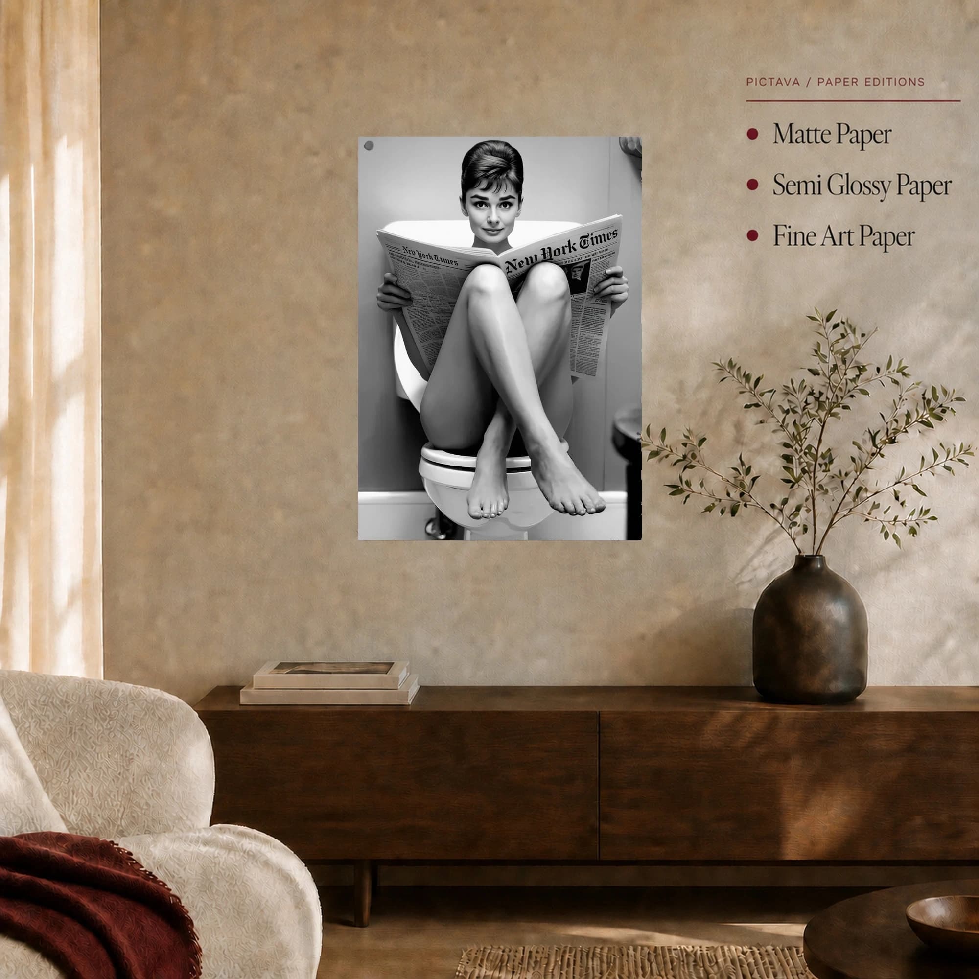 Audrey Hepburn Reading New York Times on Toilet Bathroom Wall Art, view 6