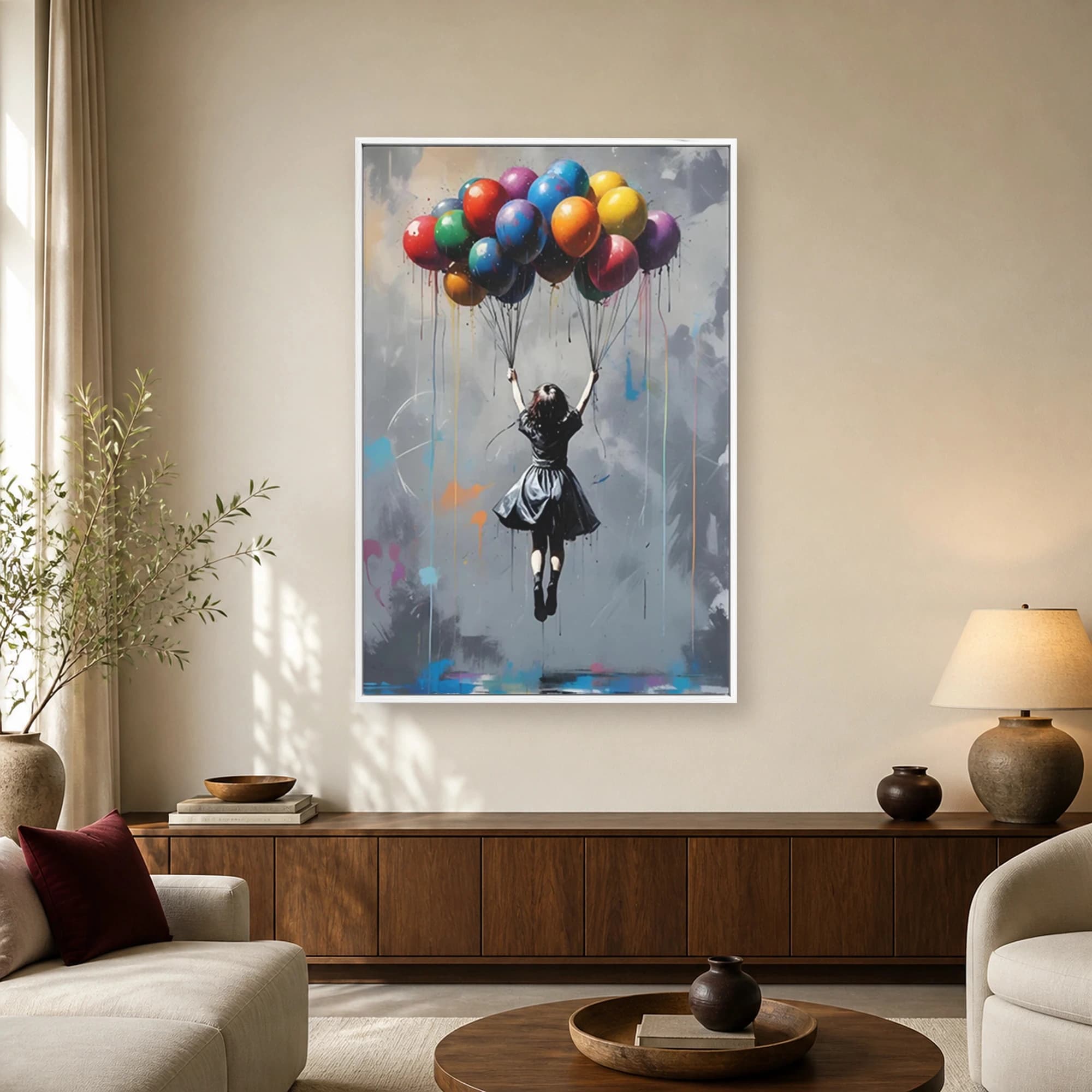 Girl with Colorful Balloons Urban Wall Art Print, view 2
