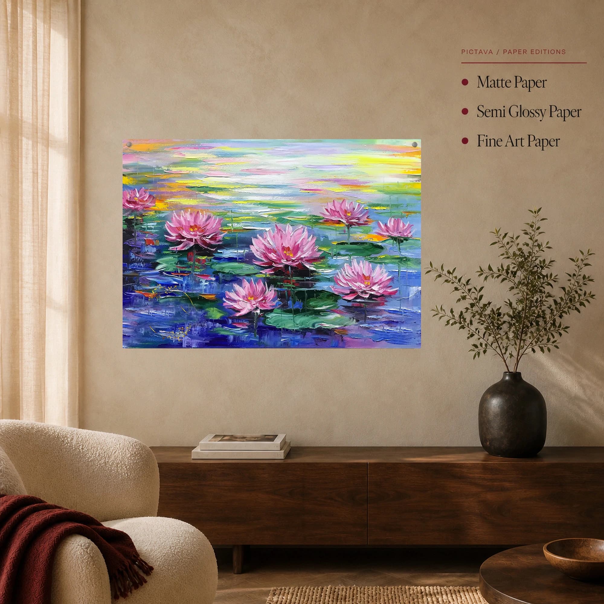 Pink Water Lilies Impressionist Pond Canvas Print, view 4