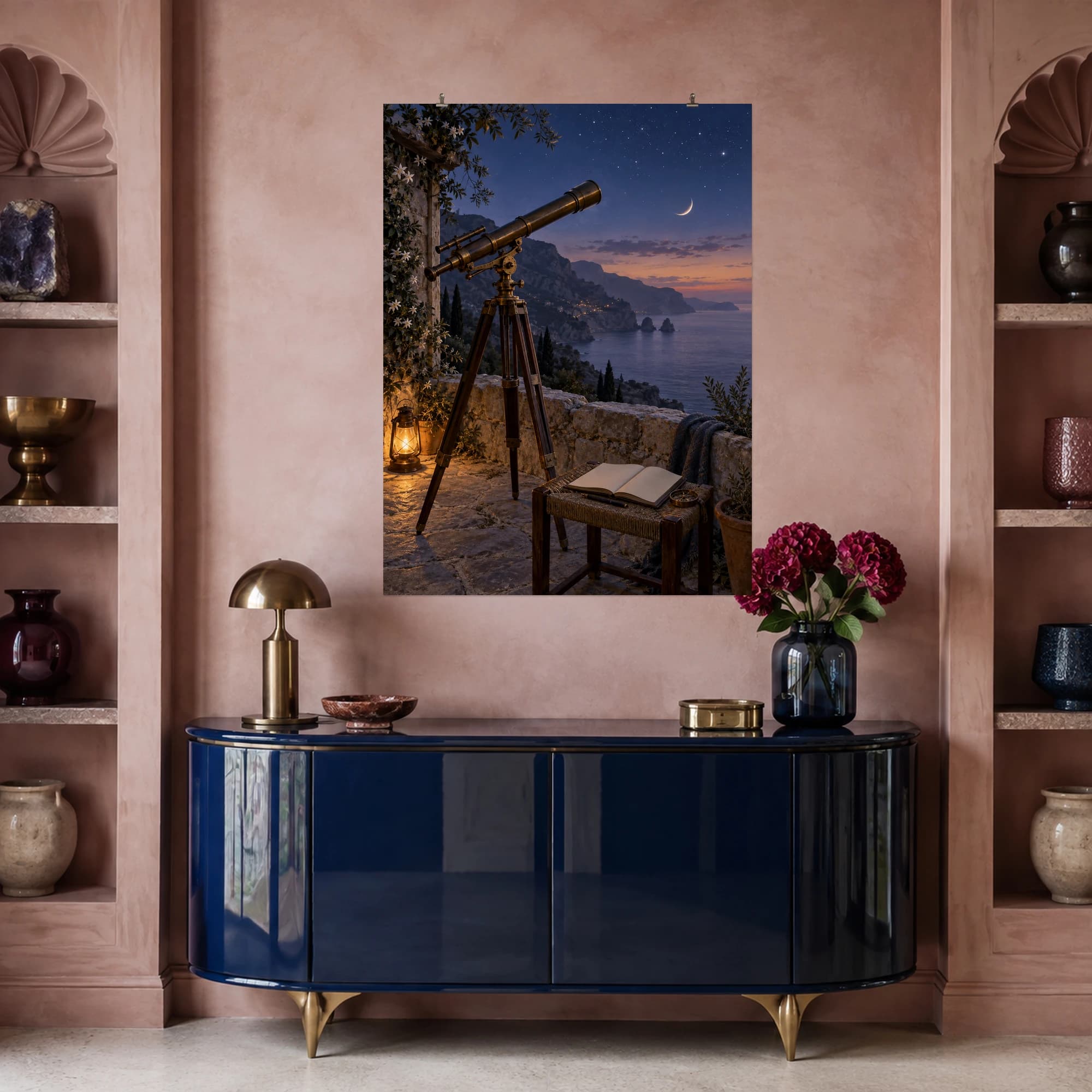 A brass telescope waits on a stone terrace beneath a crescent moon and a violet coastal sky.