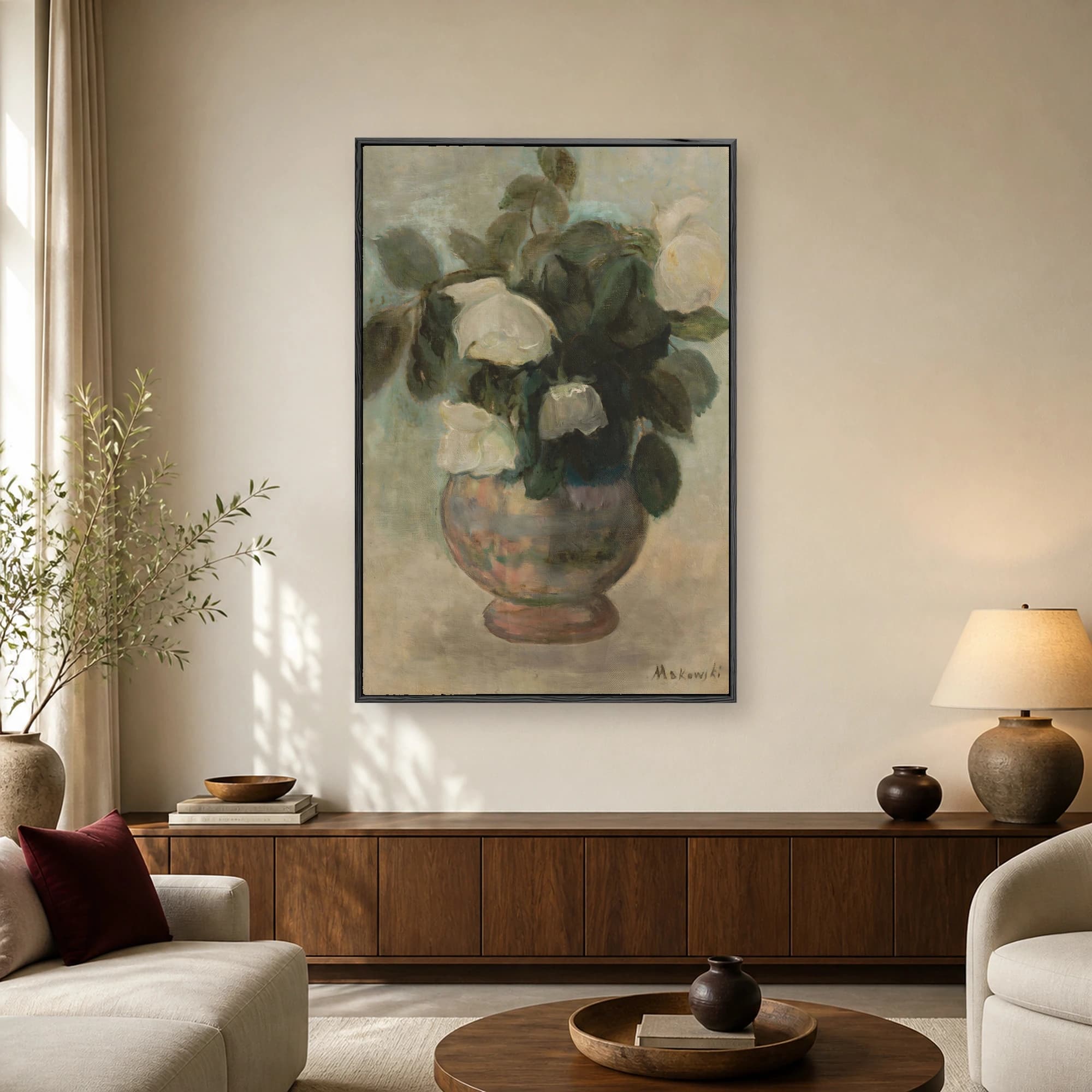 Fine art painting of a bouquet of white roses and dark green leaves inside a glazed ceramic vase against a muted background.