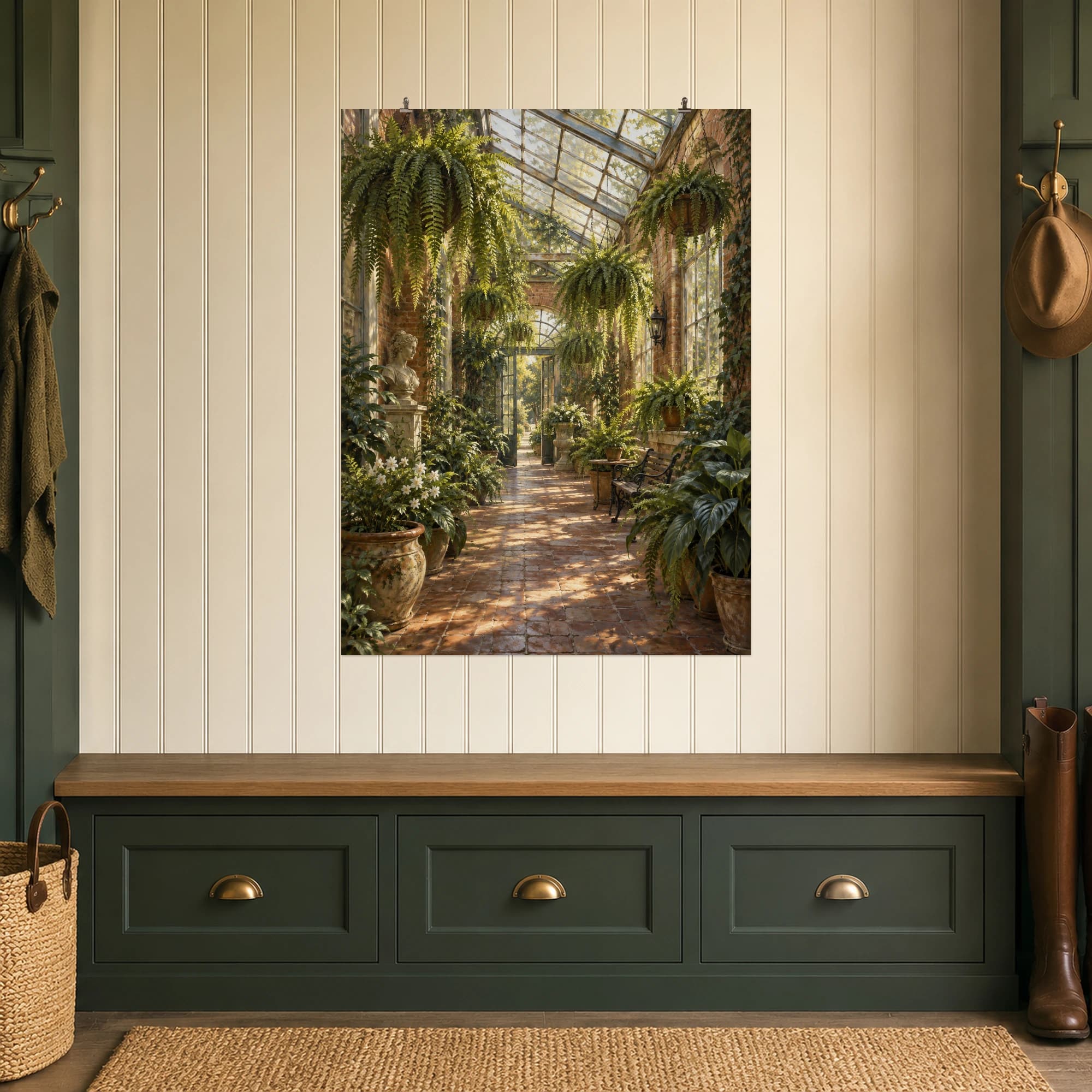 Hanging ferns fill a brick conservatory corridor with layers of green. Warm masonry and trailing fronds create a sheltered garden atmosphere.