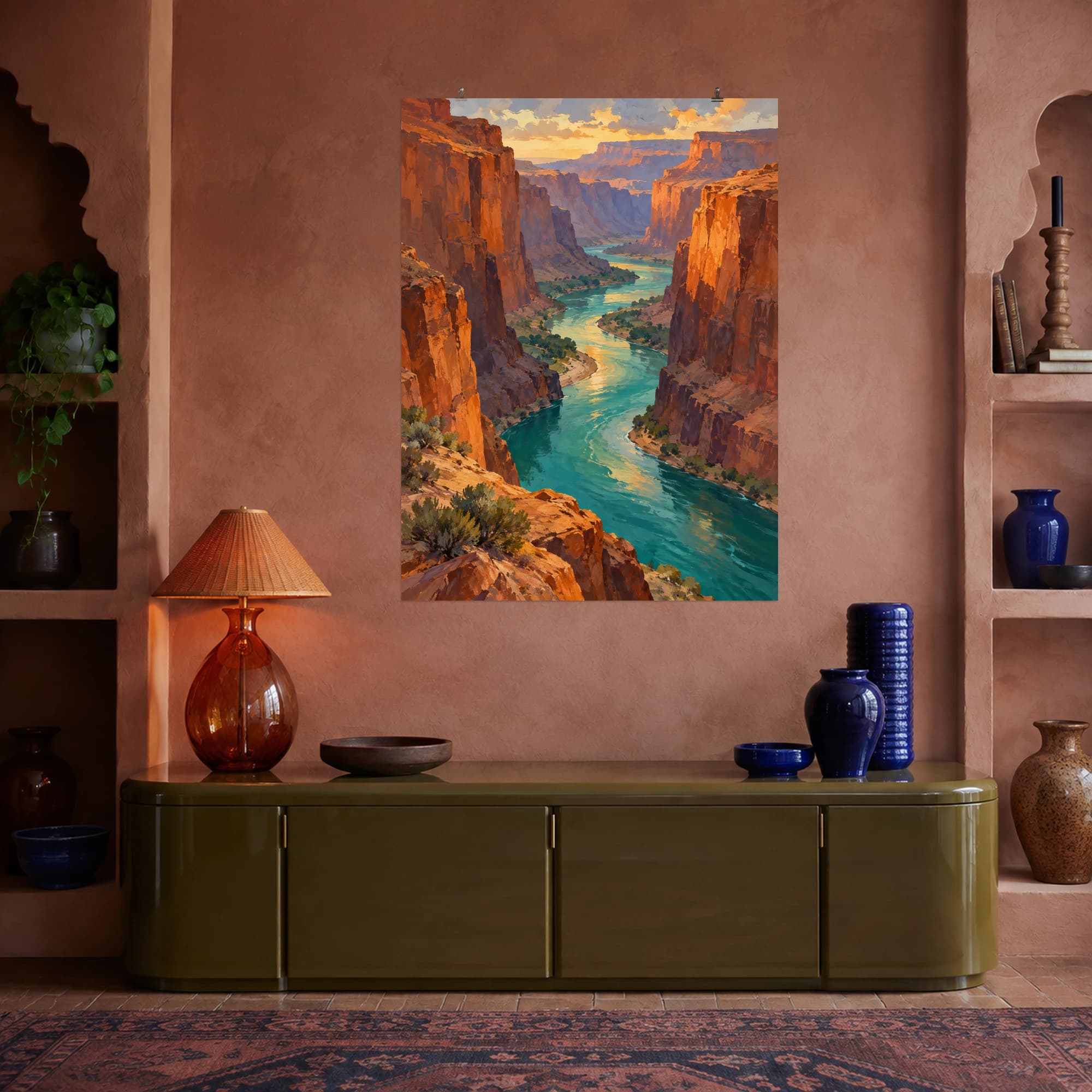 This gouache-style composition features a sinuous turquoise river between immense burnt orange canyon walls in late afternoon light. Expressive brushwork and carefully balanced color bring a distinctive focal point to your wall.
