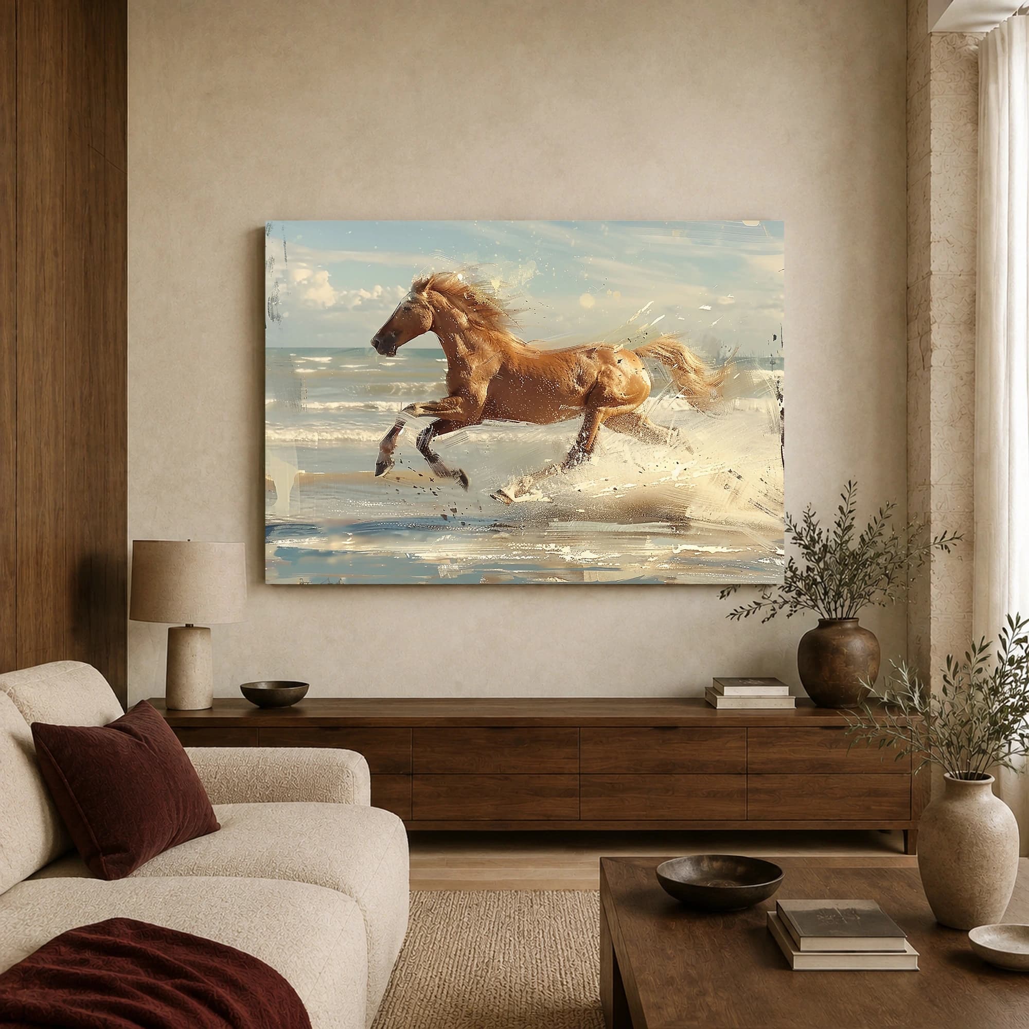 Galloping Golden Horse Coastal Surf Canvas Print, view 2