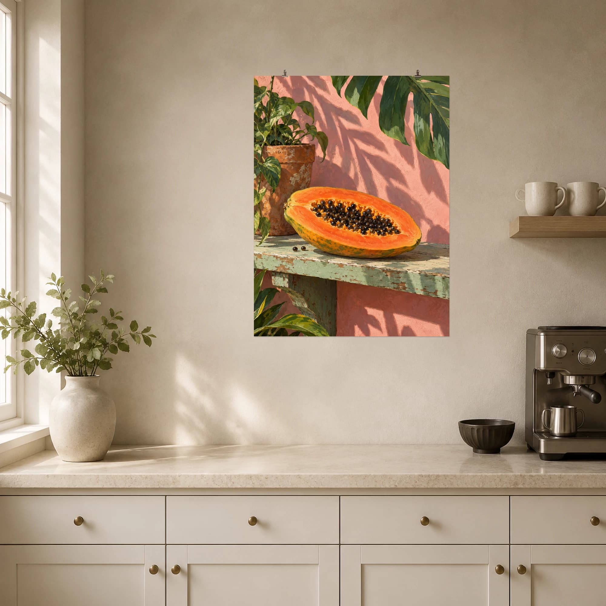 An orange papaya half rests on a shaded garden shelf beneath broad leaves.