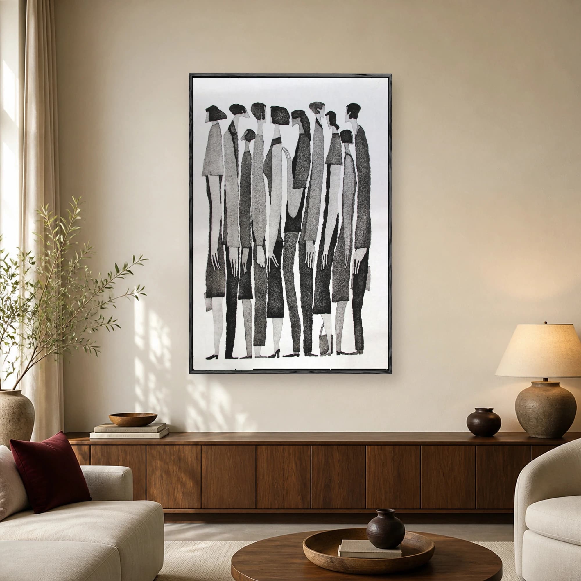 Stylized monochrome illustration of a line of people in profile standing shoulder to shoulder with textured black and gray tones